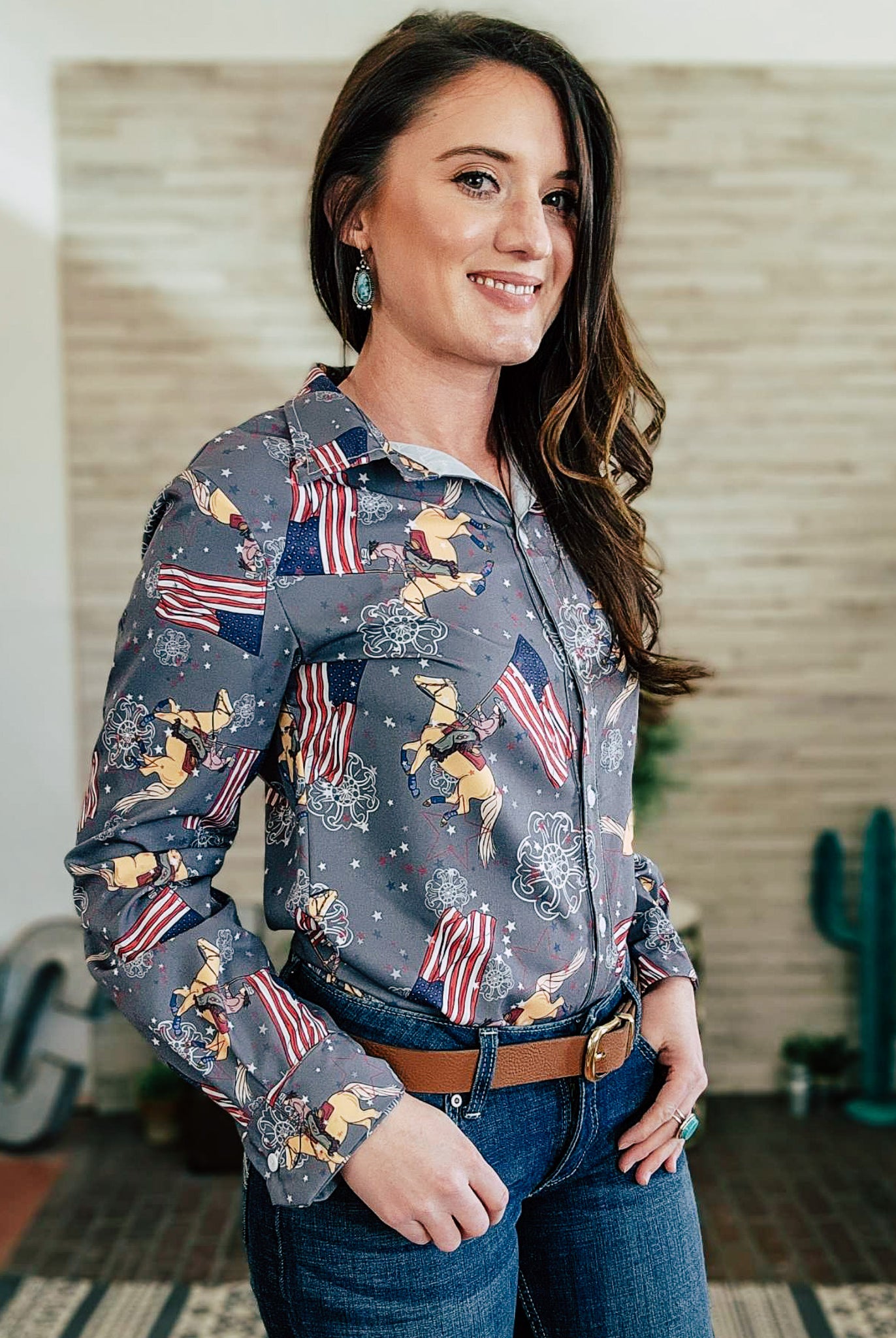 Gray American Flag Palomino Long Sleeve Button Down YC Long Sleeve Button Down The Cinchy Cowgirl (YC)