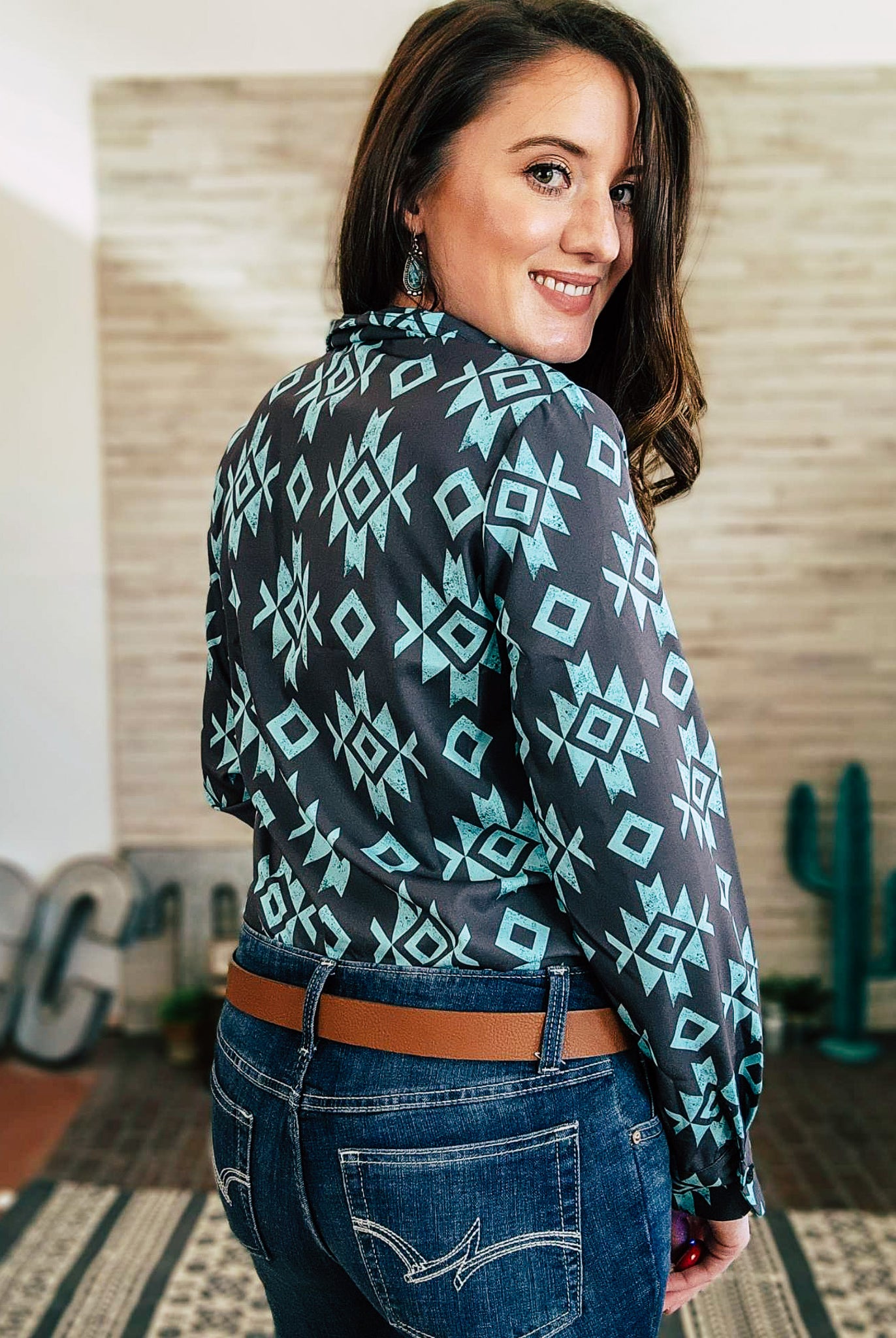 Turquoise & Black Aztec Long Sleeve Button Down YC Long Sleeve Button Down The Cinchy Cowgirl (YC)