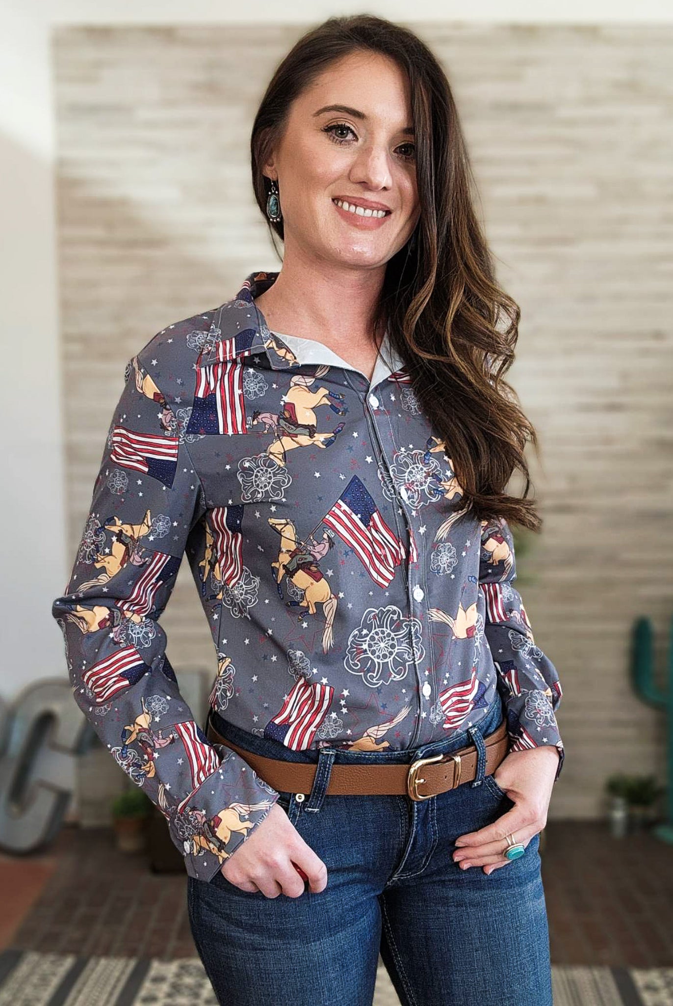 Gray American Flag Palomino Long Sleeve Button Down YC Long Sleeve Button Down The Cinchy Cowgirl (YC)