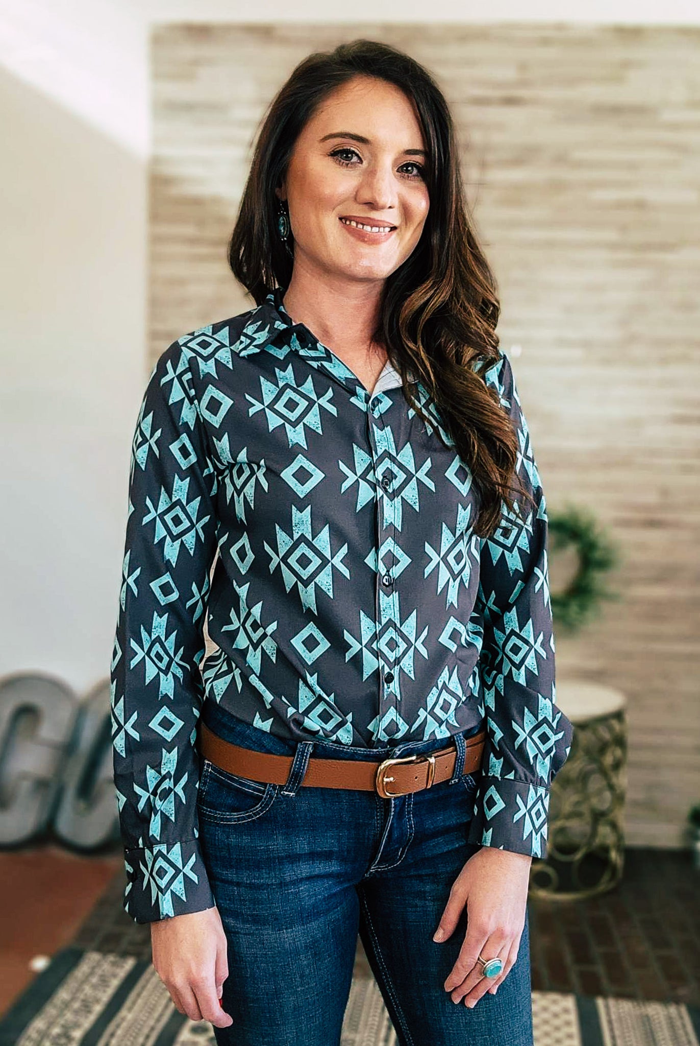 Turquoise & Black Aztec Long Sleeve Button Down YC Long Sleeve Button Down The Cinchy Cowgirl (YC)