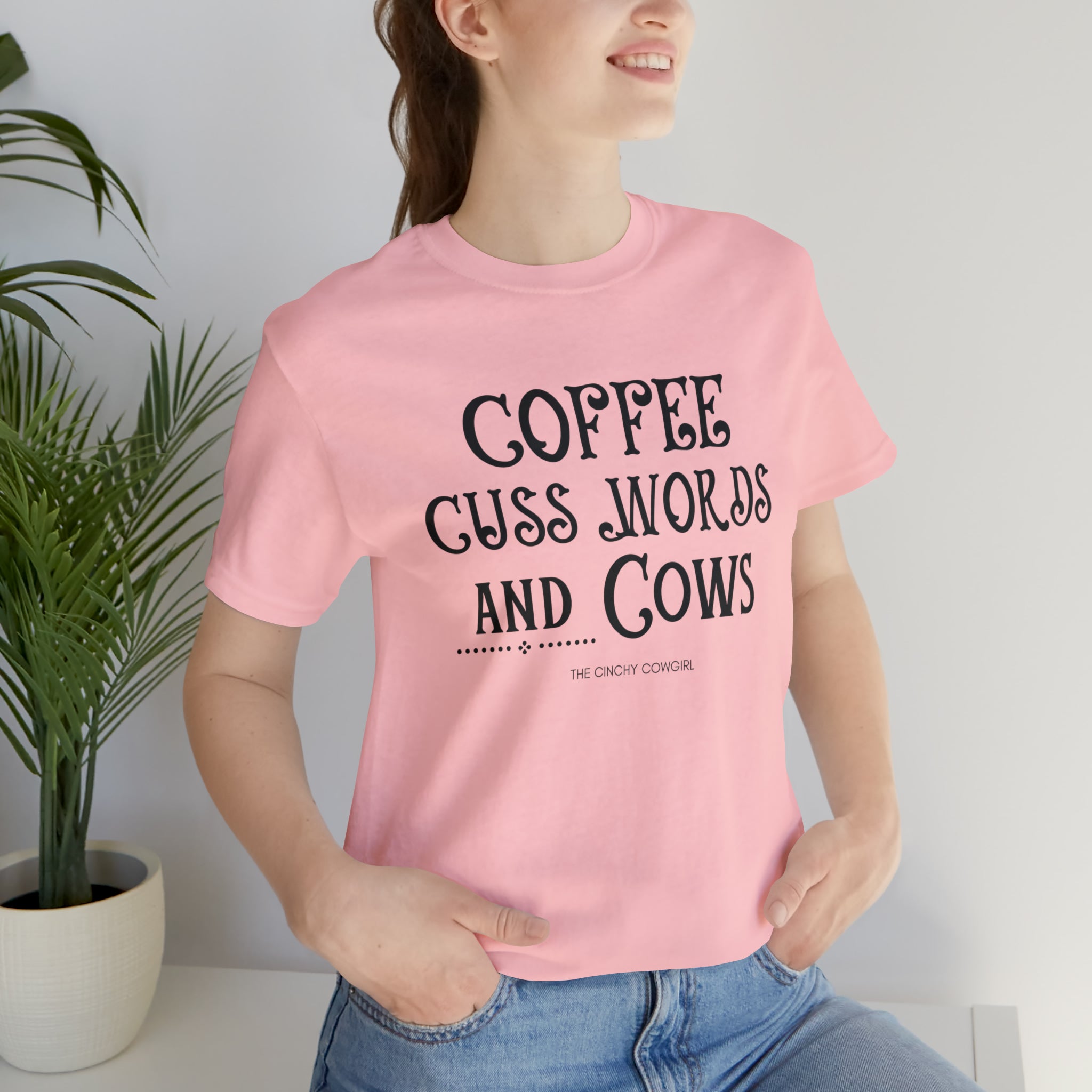 Coffee Cuss Words & Cows Short Sleeve Graphic Tee T-Shirt The Cinchy Cowgirl - Print Pink S