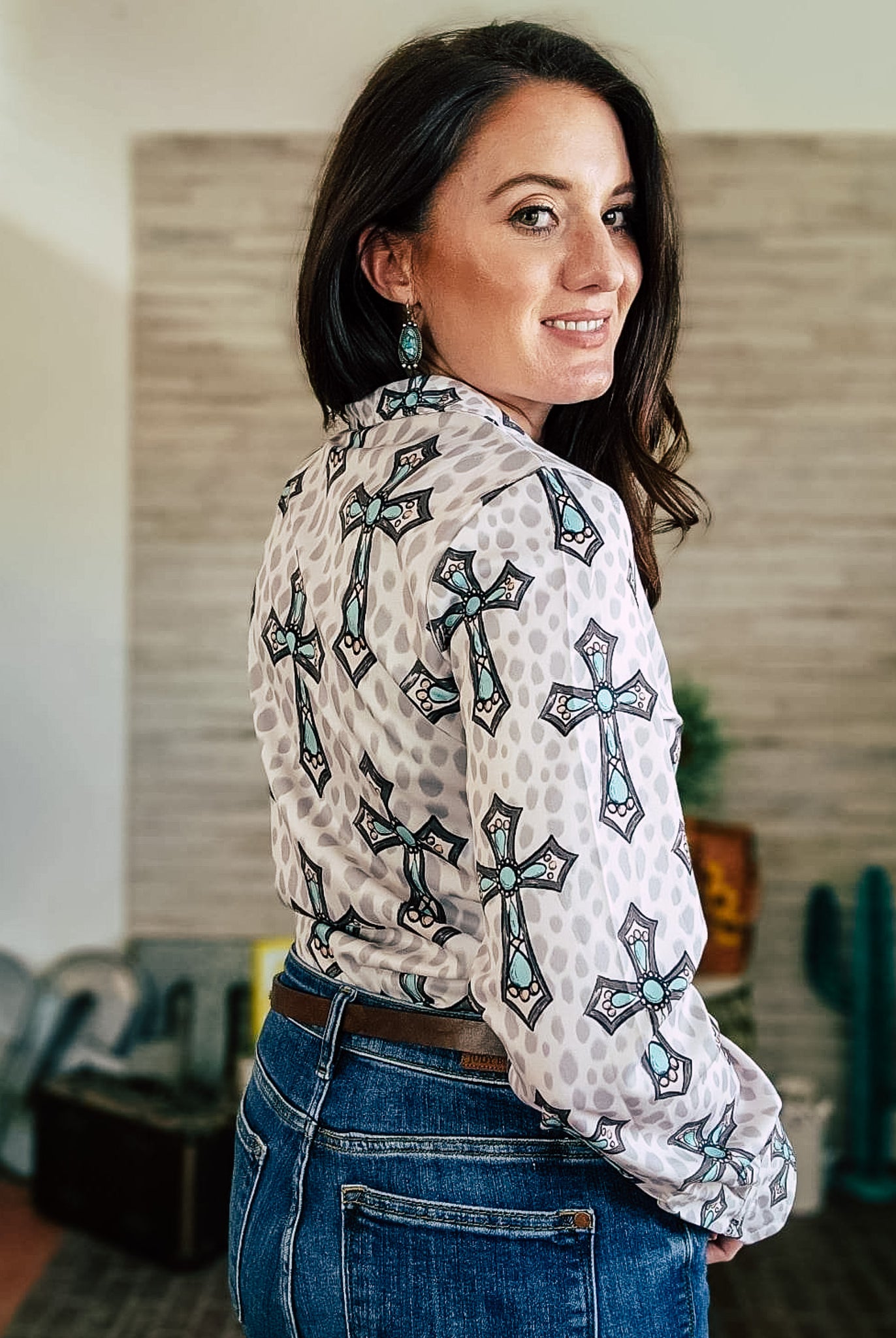 Gray & Turquoise Cross Long Sleeve Button Down YC Long Sleeve Button Down The Cinchy Cowgirl (YC)