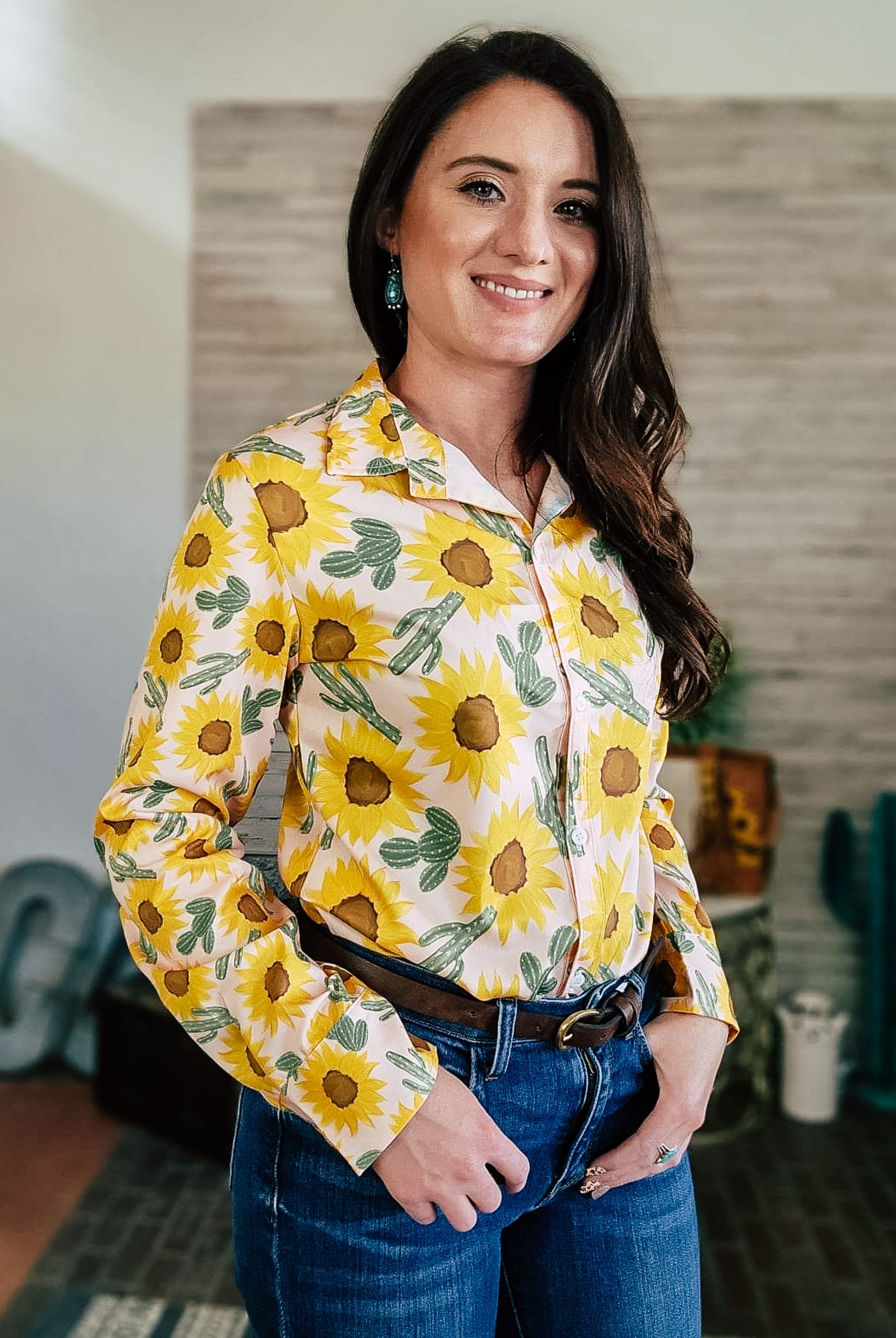 Sunflower & Cactus Long Sleeve Button Down YC Long Sleeve Button Down The Cinchy Cowgirl (YC)