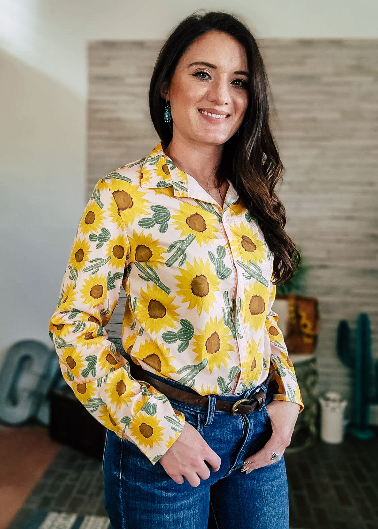 Sunflower & Cactus Long Sleeve Button Down YC Long Sleeve Button Down The Cinchy Cowgirl (YC)