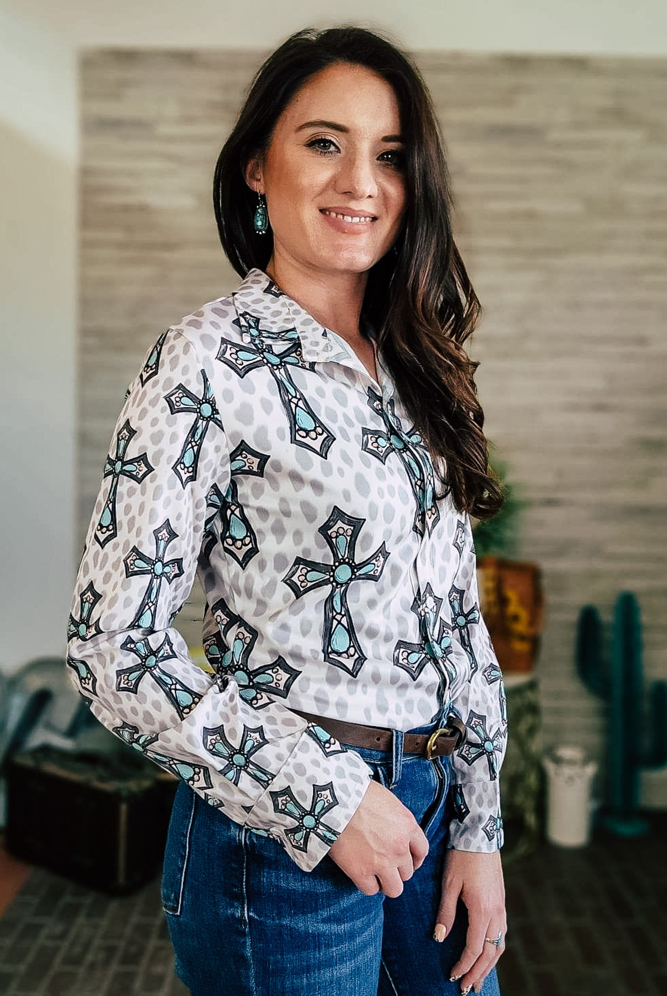 Gray & Turquoise Cross Long Sleeve Button Down YC Long Sleeve Button Down The Cinchy Cowgirl (YC)