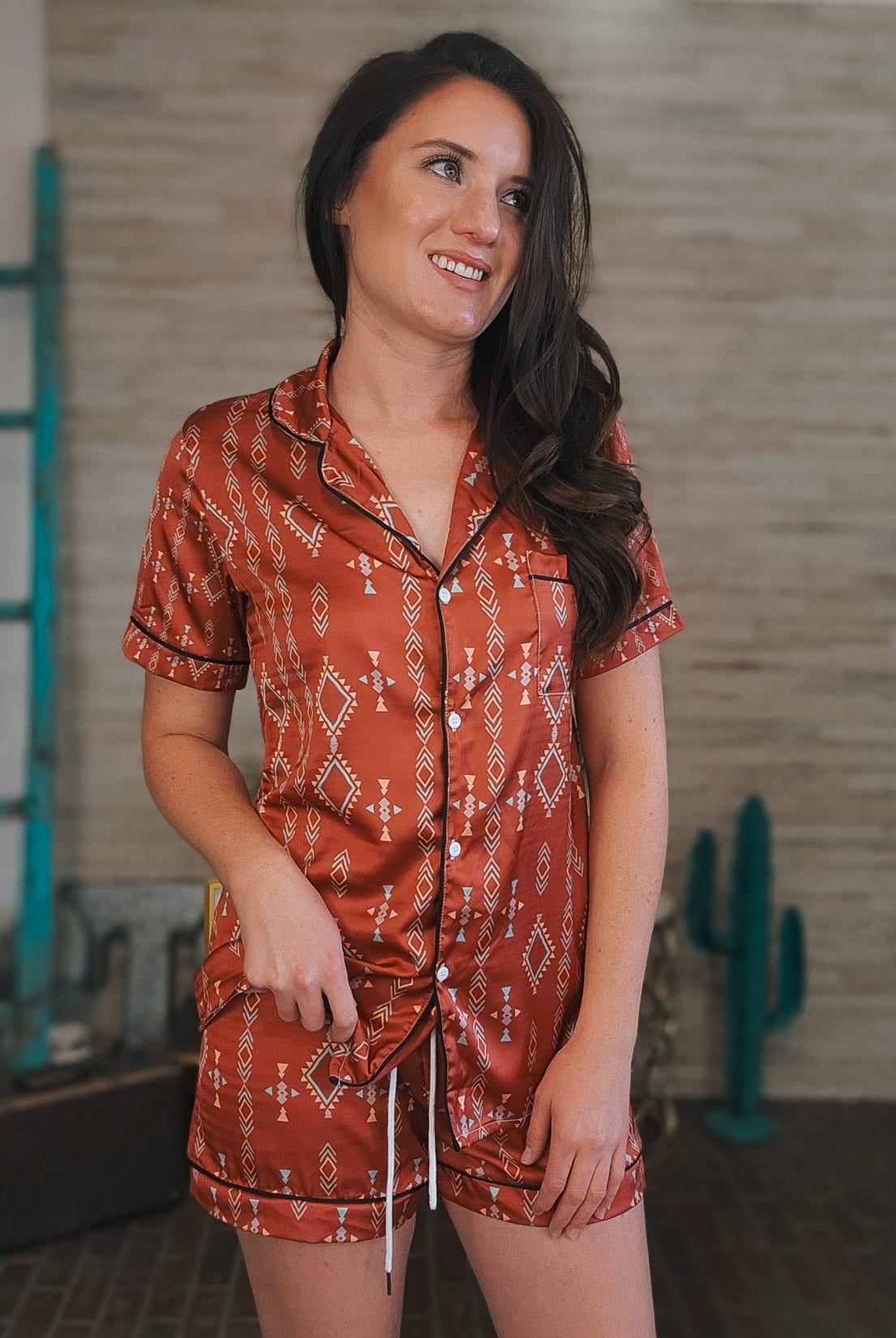 Rust Aztec Silky Shorts Pajama Set silky pajamas - shorts The Cinchy Cowgirl (YC)