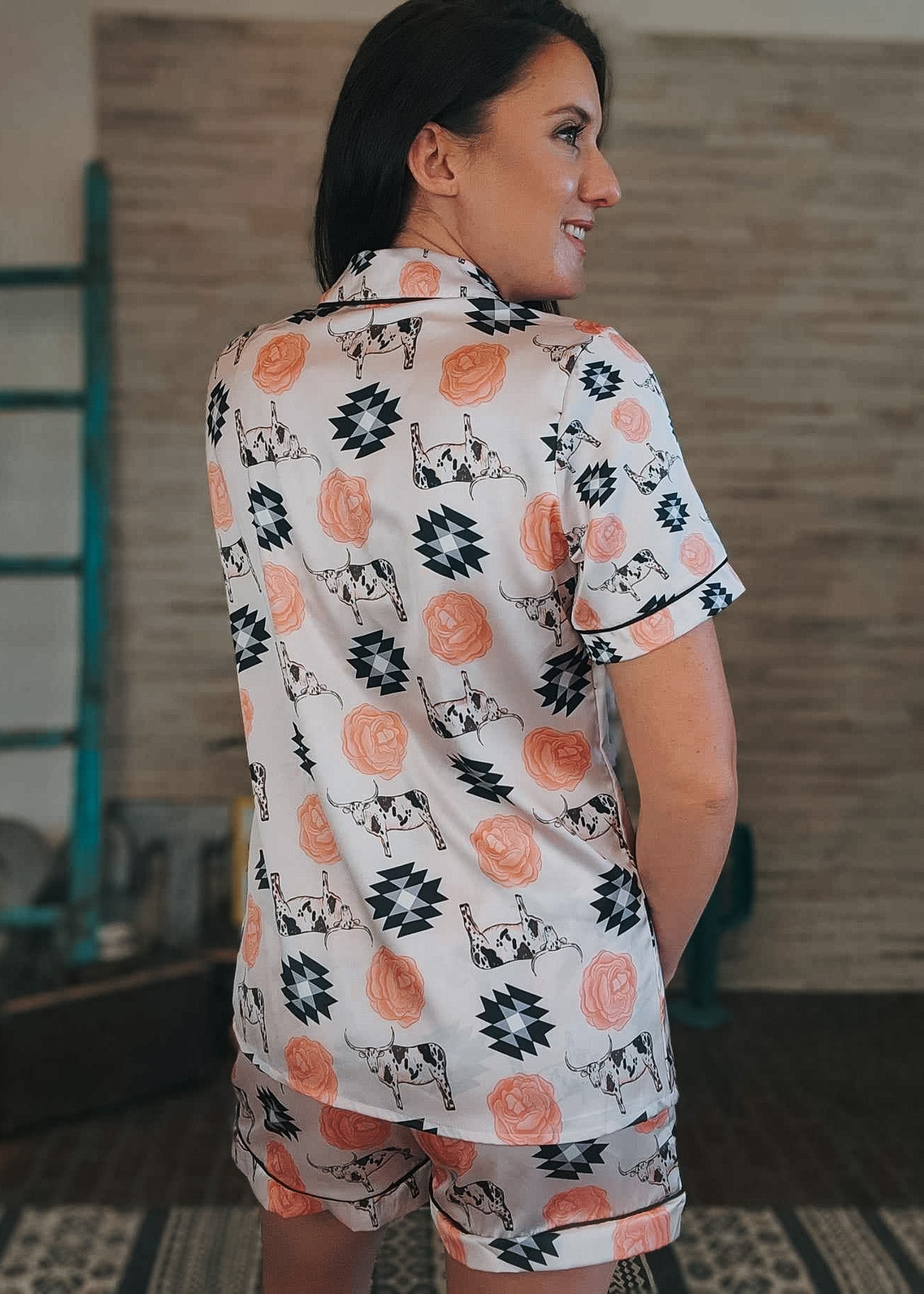 Longhorn & Roses Silky Shorts Pajamas Set silky pajamas - shorts The Cinchy Cowgirl (YC)