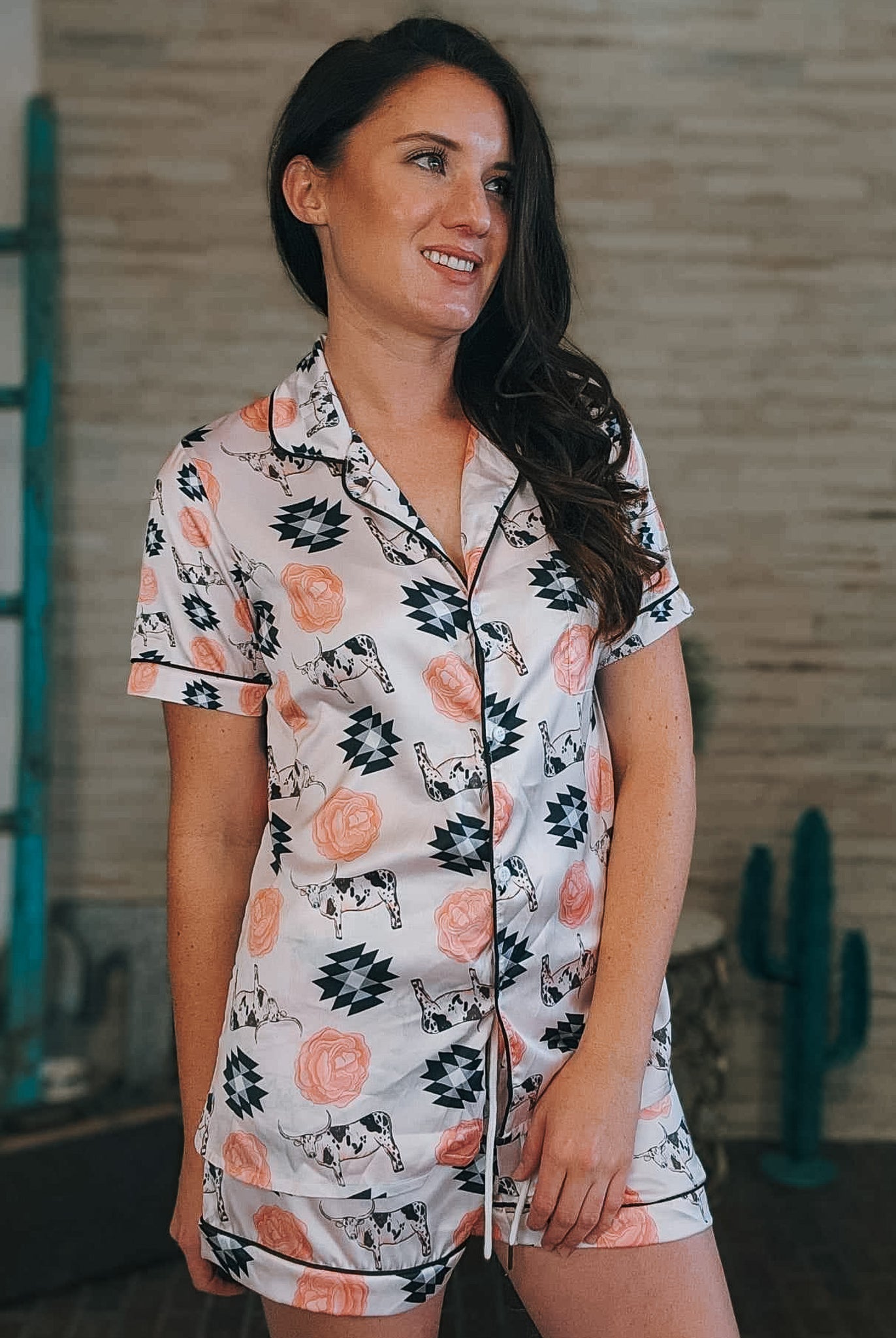 Longhorn & Roses Silky Shorts Pajamas Set silky pajamas - shorts The Cinchy Cowgirl (YC)
