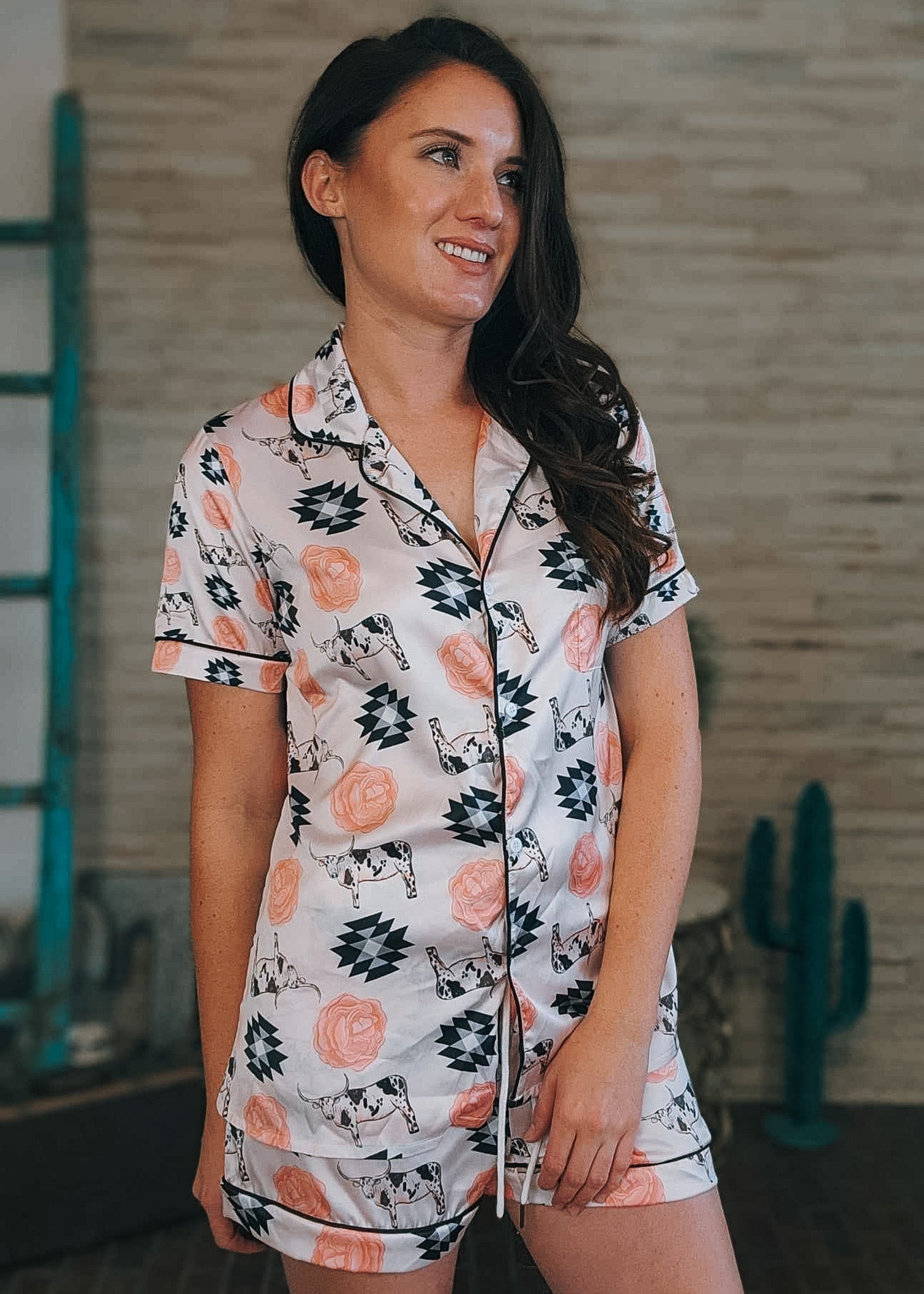 Longhorn & Roses Silky Shorts Pajamas Set silky pajamas - shorts The Cinchy Cowgirl (YC)