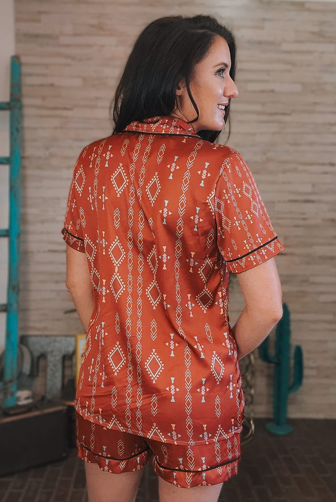 Rust Aztec Silky Shorts Pajama Set silky pajamas - shorts The Cinchy Cowgirl (YC)