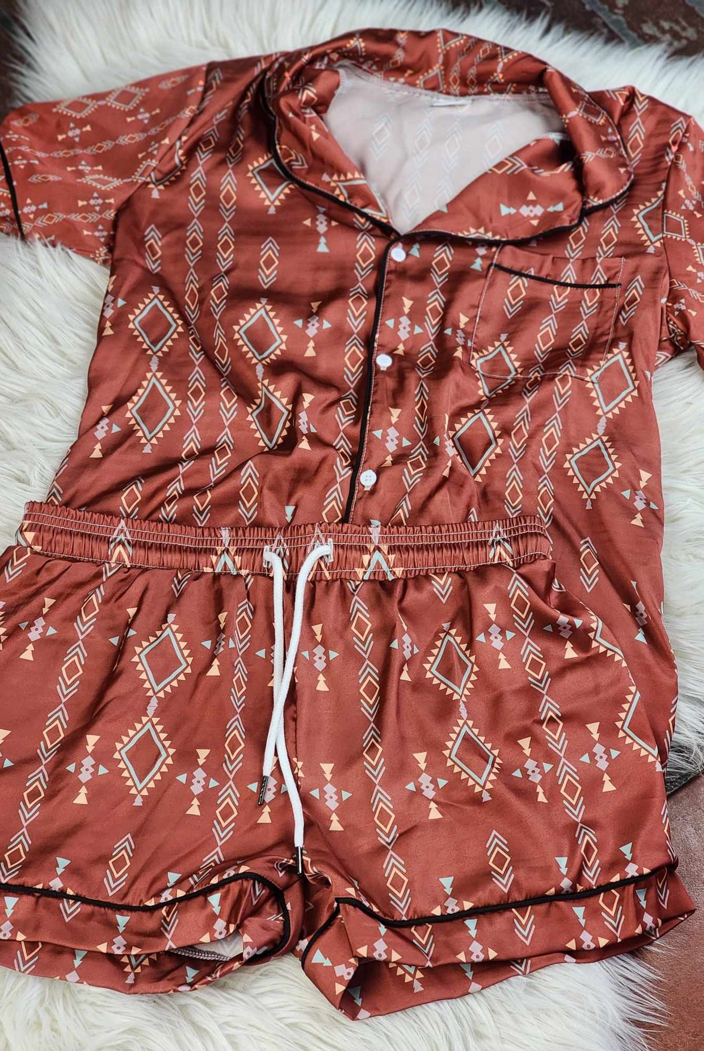 Rust Aztec Silky Shorts Pajama Set silky pajamas - shorts The Cinchy Cowgirl (YC)