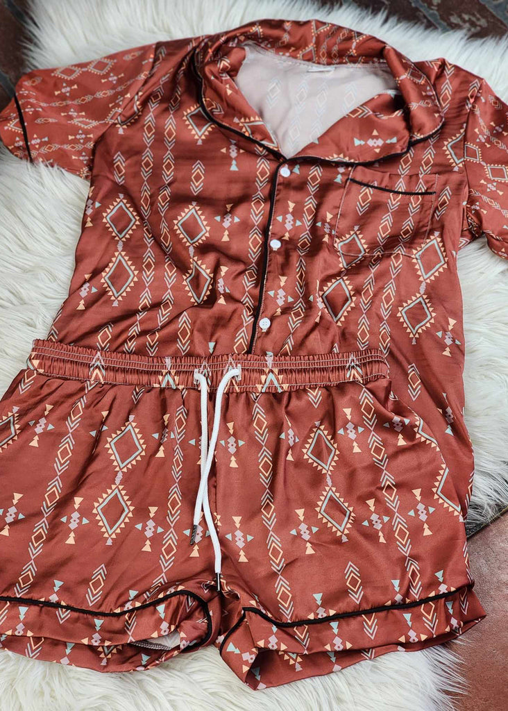 Rust Aztec Silky Shorts Pajama Set silky pajamas - shorts The Cinchy Cowgirl (YC)   