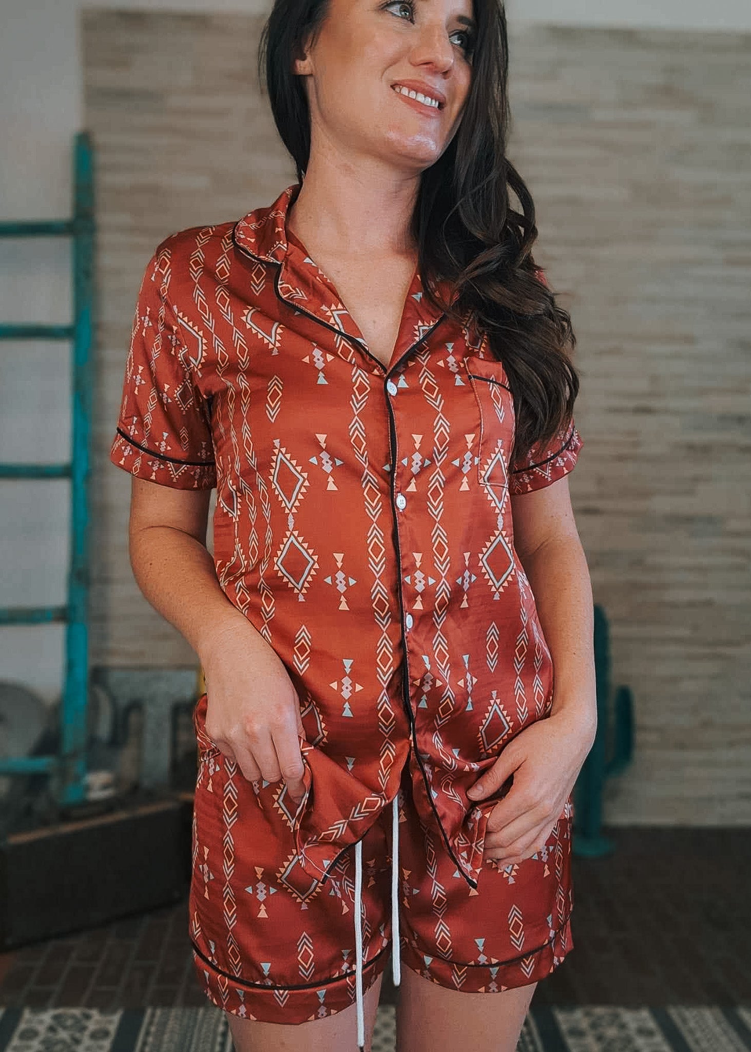 Rust Aztec Silky Shorts Pajama Set silky pajamas - shorts The Cinchy Cowgirl (YC)