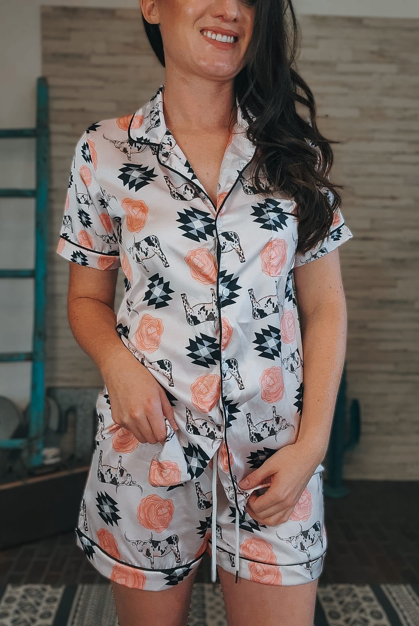 Longhorn & Roses Silky Shorts Pajamas Set silky pajamas - shorts The Cinchy Cowgirl (YC)