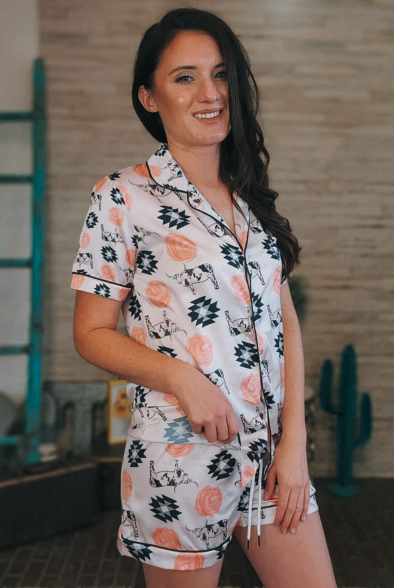 Longhorn & Roses Silky Shorts Pajamas Set silky pajamas - shorts The Cinchy Cowgirl (YC)