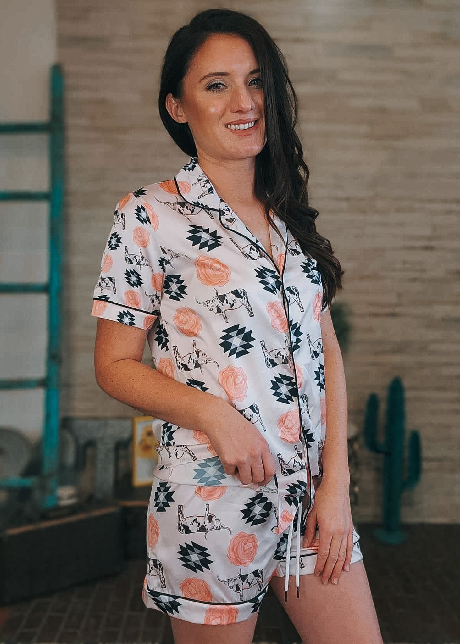 Longhorn & Roses Silky Shorts Pajamas Set silky pajamas - shorts The Cinchy Cowgirl (YC)