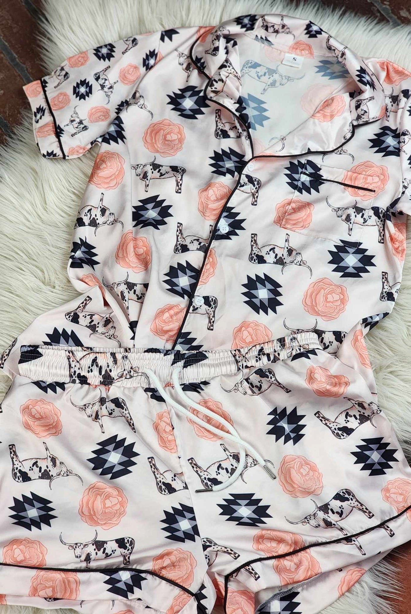 Longhorn & Roses Silky Shorts Pajamas Set silky pajamas - shorts The Cinchy Cowgirl (YC)