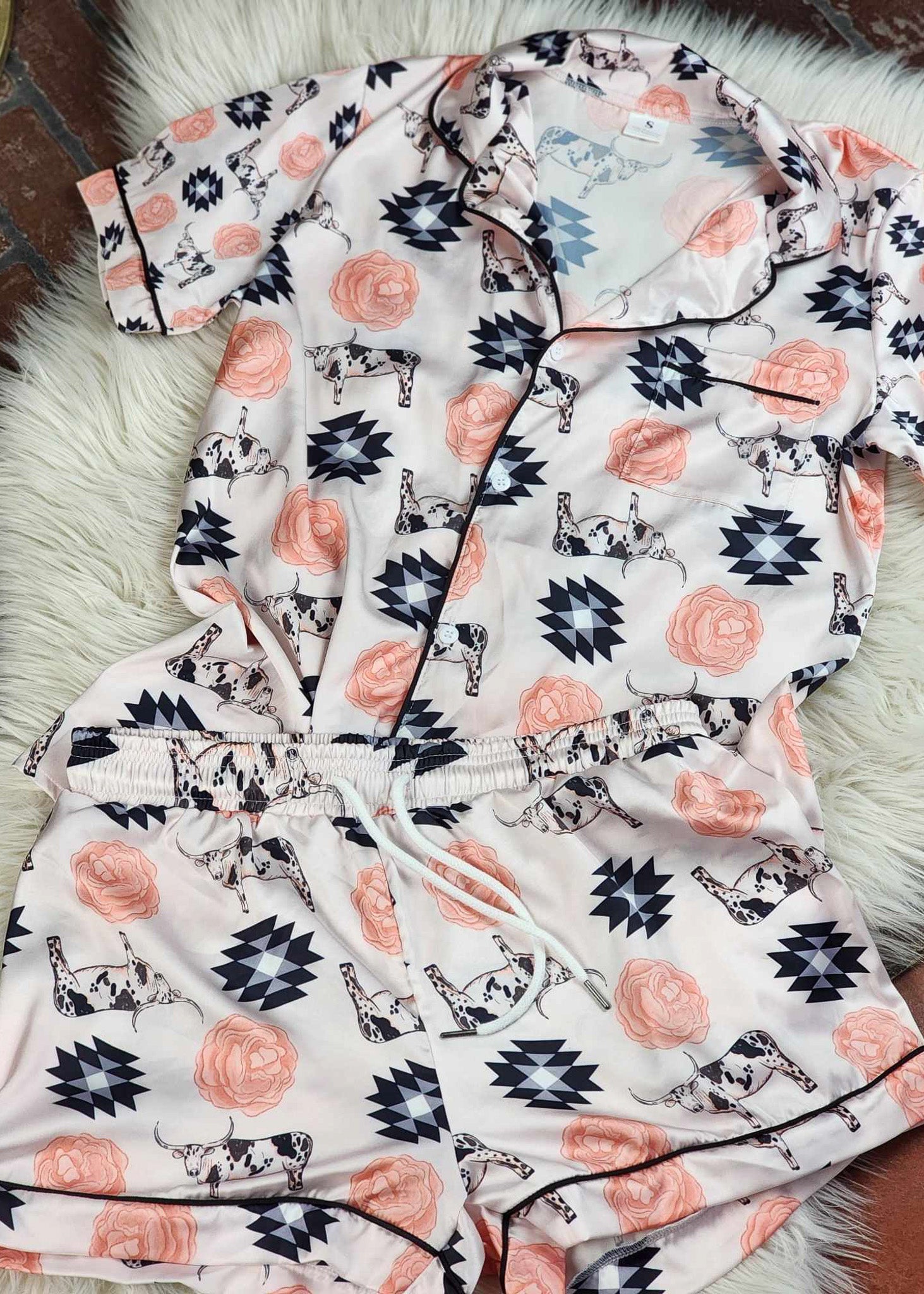Longhorn & Roses Silky Shorts Pajamas Set silky pajamas - shorts The Cinchy Cowgirl (YC)