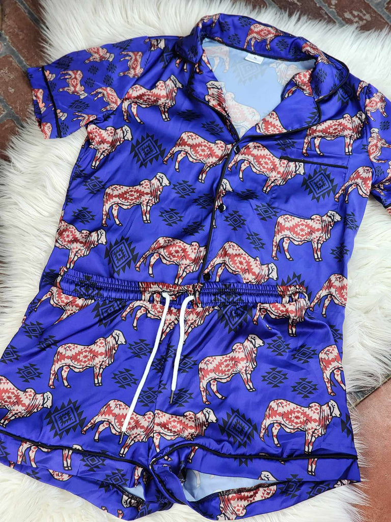 Blue Purple Brahman Aztec Silky Shorts Pajamas Set silky pajamas - shorts The Cinchy Cowgirl (YC)   