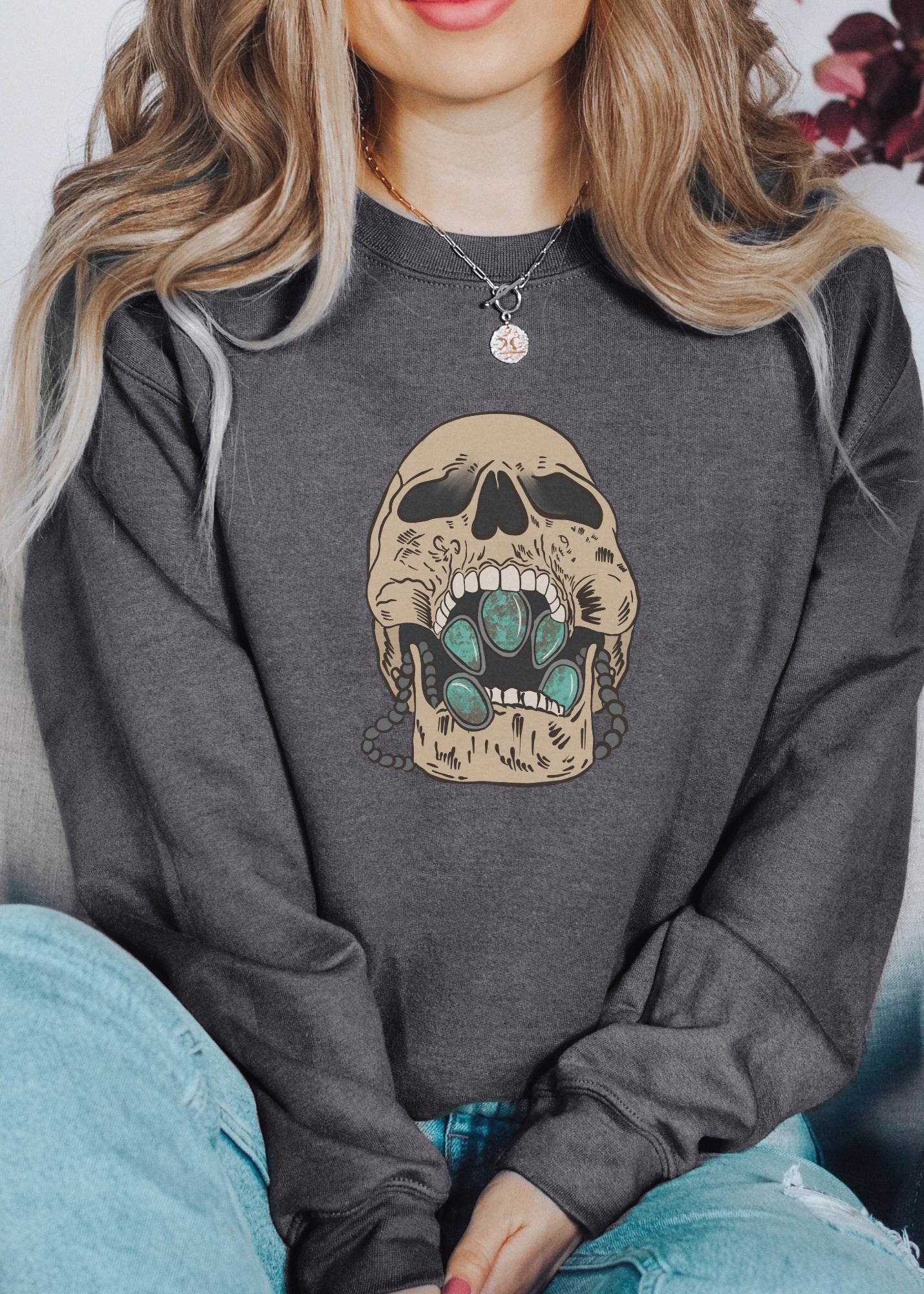 Dark Gray Turquoise Skull Pullover Sweatshirt Pullover The Cinchy Cowgirl