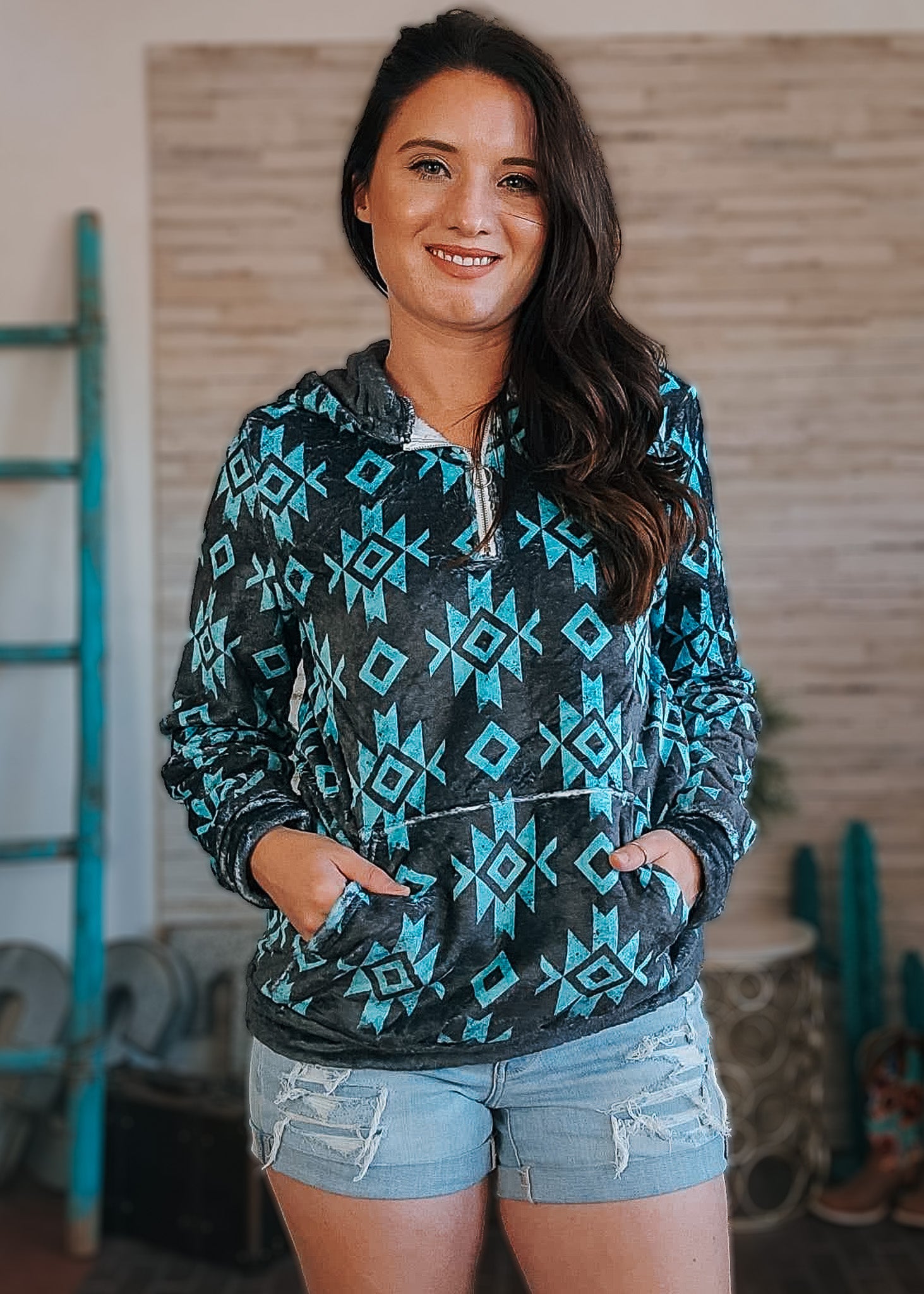 Black & Turquoise Aztec Fleece Zip Hoodie fleece hoodie The Cinchy Cowgirl (YC)