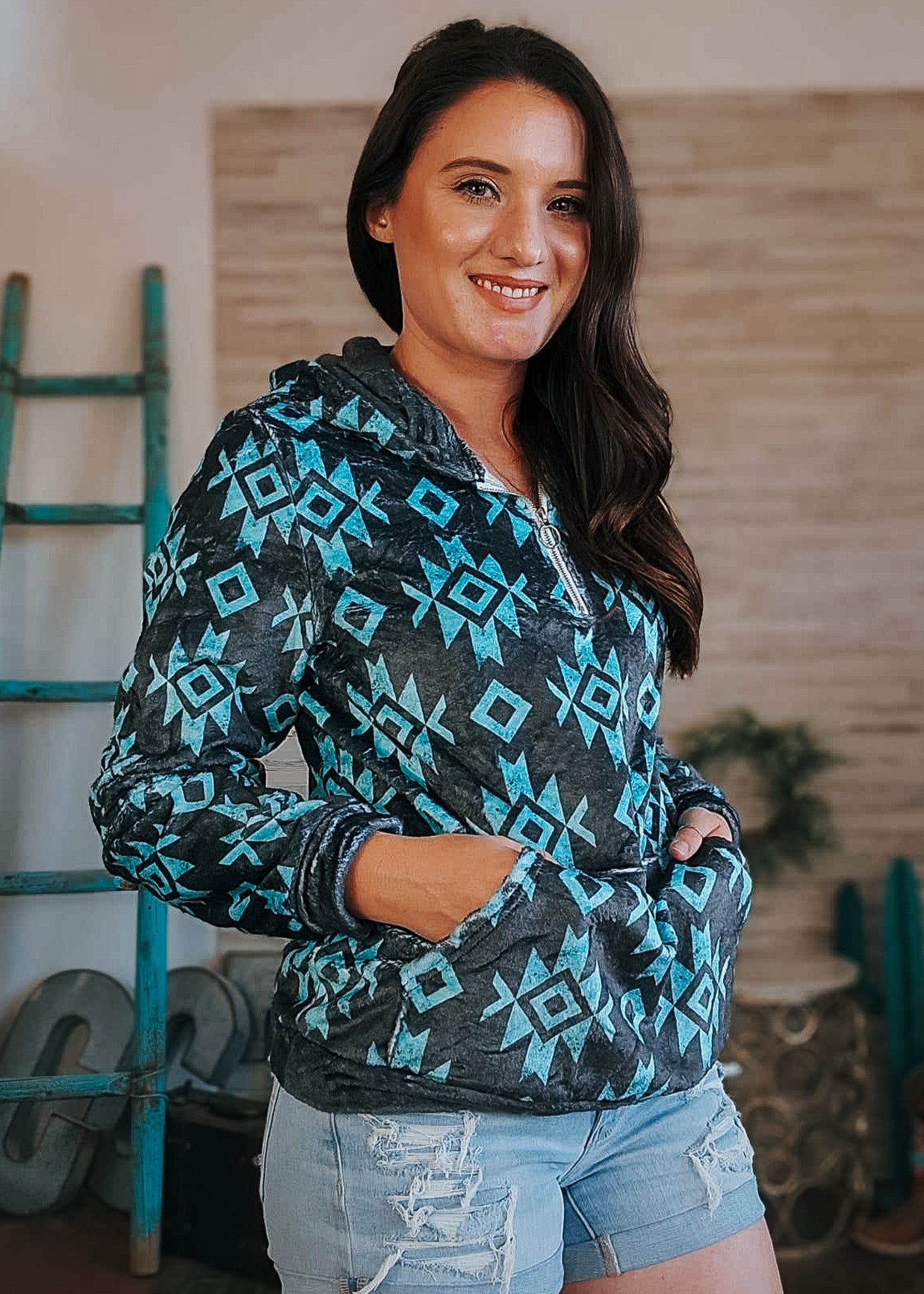 Black & Turquoise Aztec Fleece Zip Hoodie fleece hoodie The Cinchy Cowgirl (YC)
