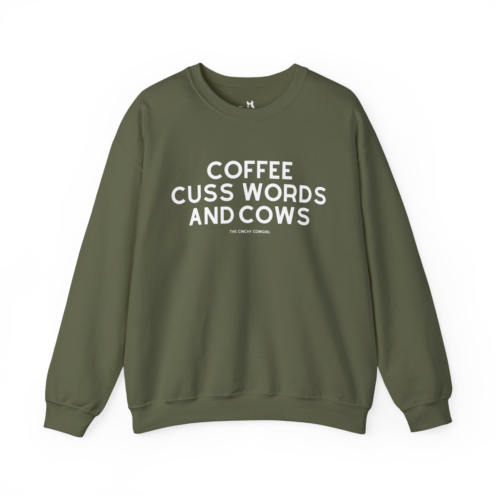Coffee, Cuss Words And Cows Fleece Pullover Sweatshirt The Cinchy Cowgirl - Print S Military Green