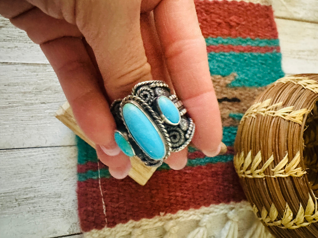 Navajo Sterling Silver and Turquoise Ring Size 9 by Hemerson Brown NT jewelry Nizhoni Traders LLC   