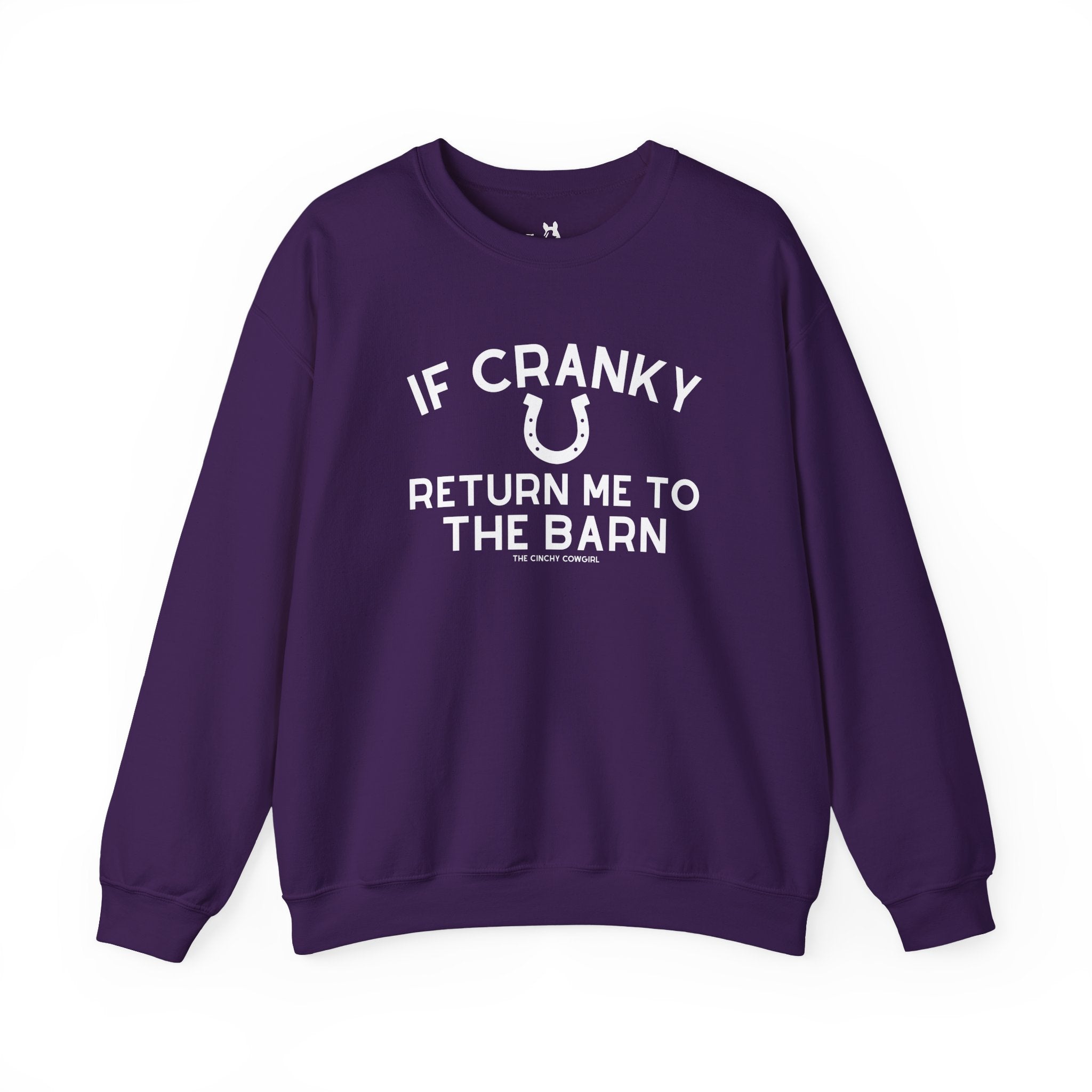 If Cranky, Return Me To The Barn Fleece Pullover Sweatshirt The Cinchy Cowgirl - Print S Purple