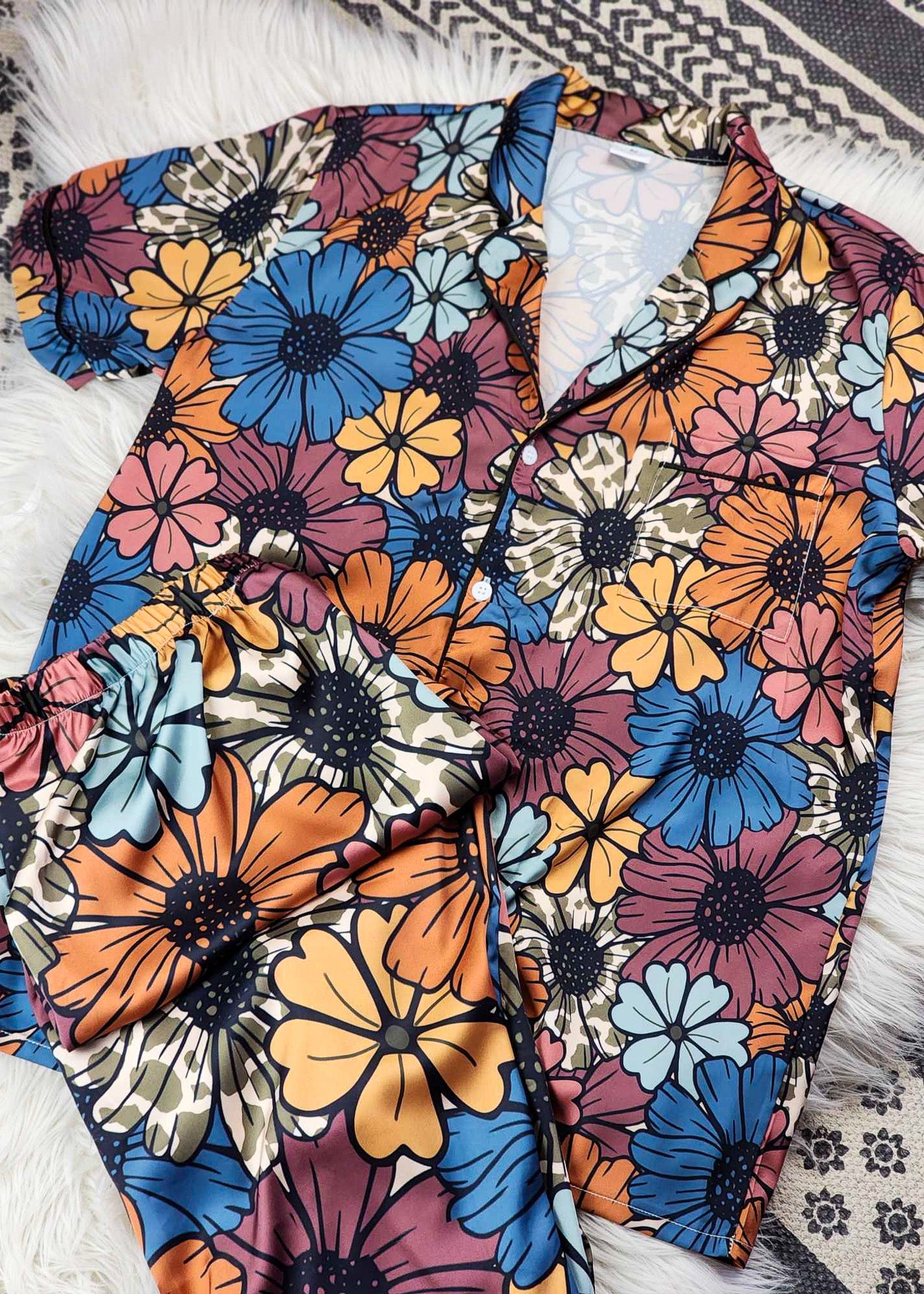 Retro Floral Cowhide Silky Pajamas pajamas The Cinchy Cowgirl (YC)