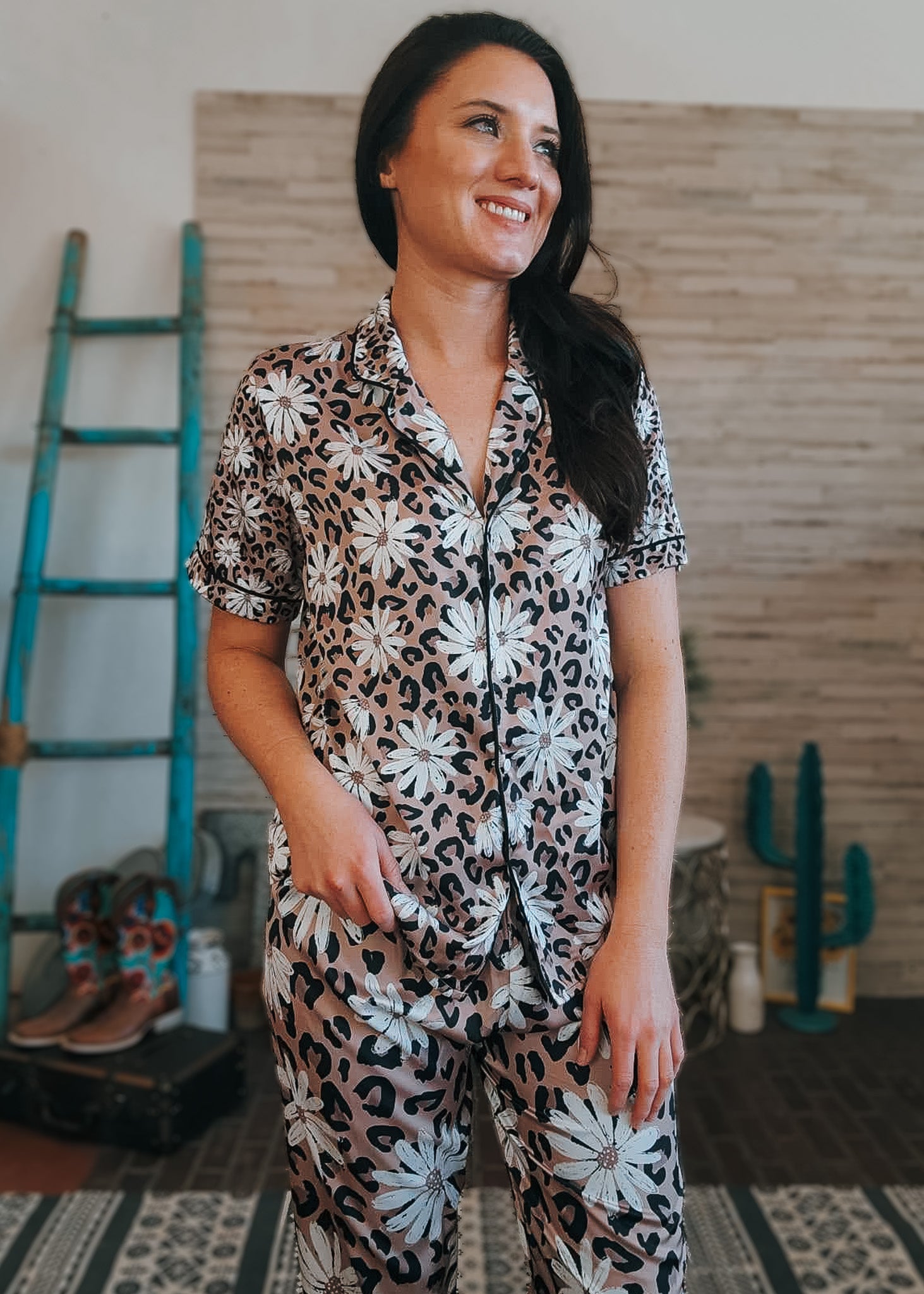 Leopard Daisy Silky Pajamas pajamas The Cinchy Cowgirl (YC) S