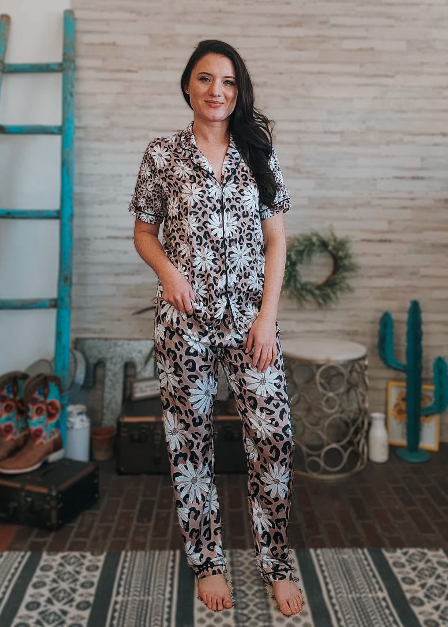 Leopard Daisy Silky Pajamas pajamas The Cinchy Cowgirl (YC)