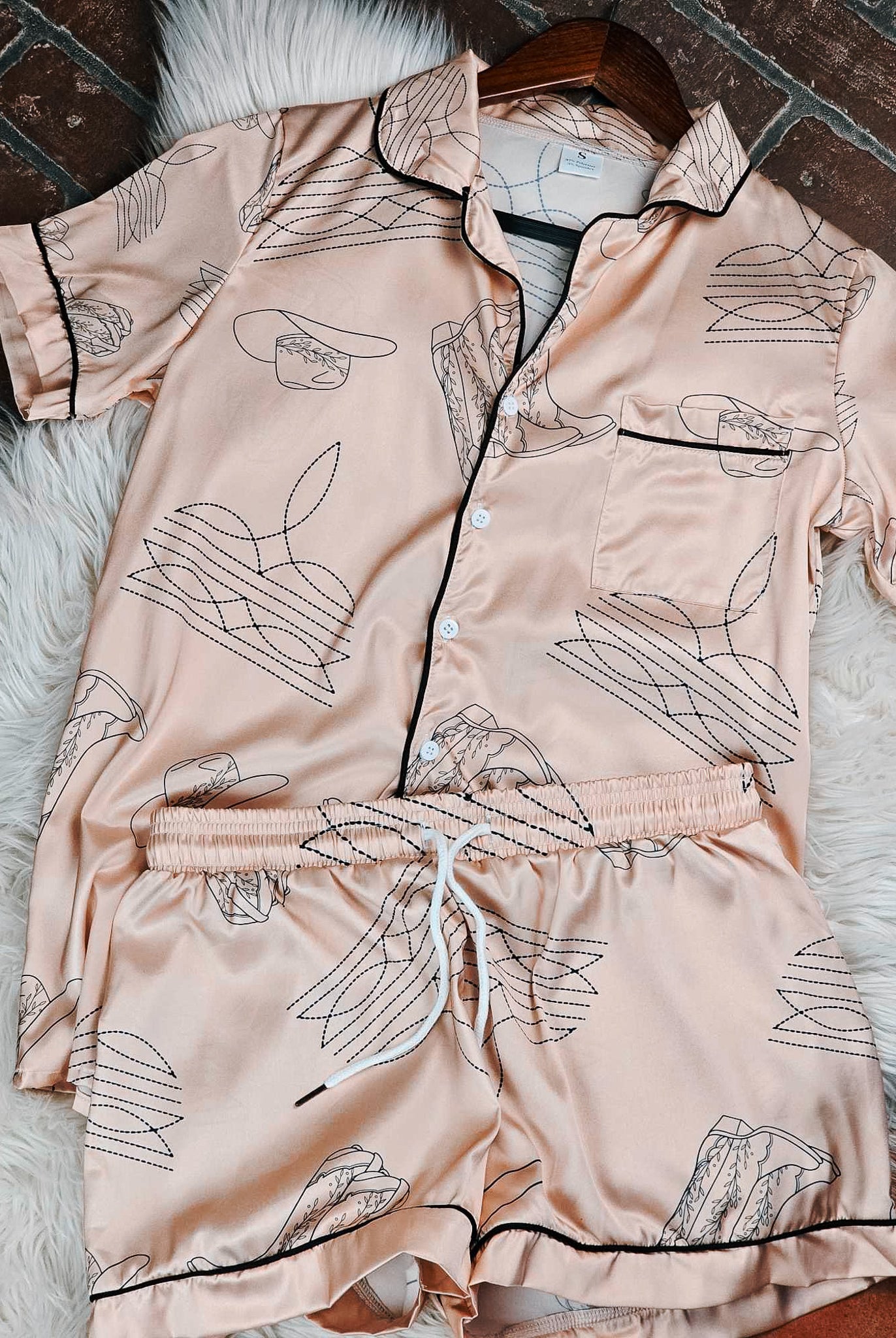Rose Gold Boot Stitch Silky Shorts Pajamas Set pajamas The Cinchy Cowgirl (YC) S