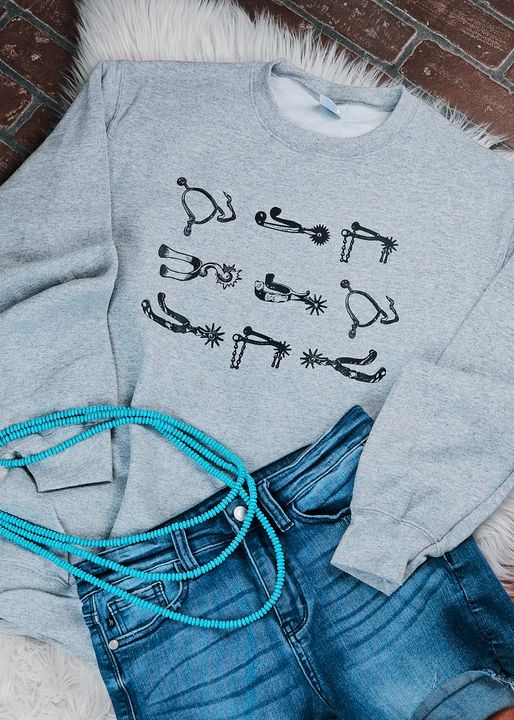 Heather Gray Spurs Fleece Pullover Graphic Sweatshirt The Cinchy Cowgirl