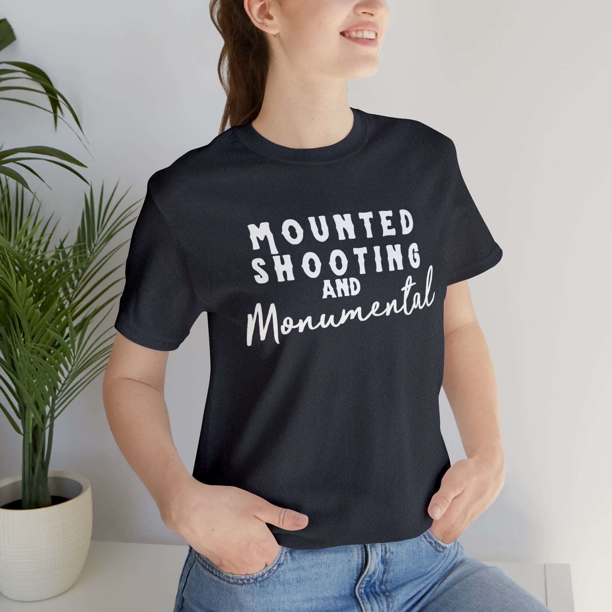 Mounted Shooting & Monumental Short Sleeve Tee Horse Riding Discipline Tee Printify Heather Navy XS