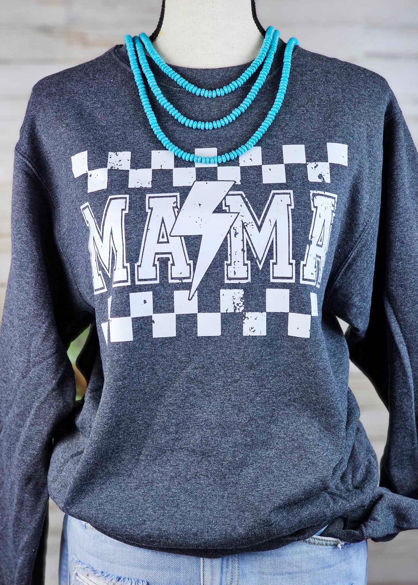 Dark Gray Checkered Mama Pullover Sweatshirt Pullover The Cinchy Cowgirl