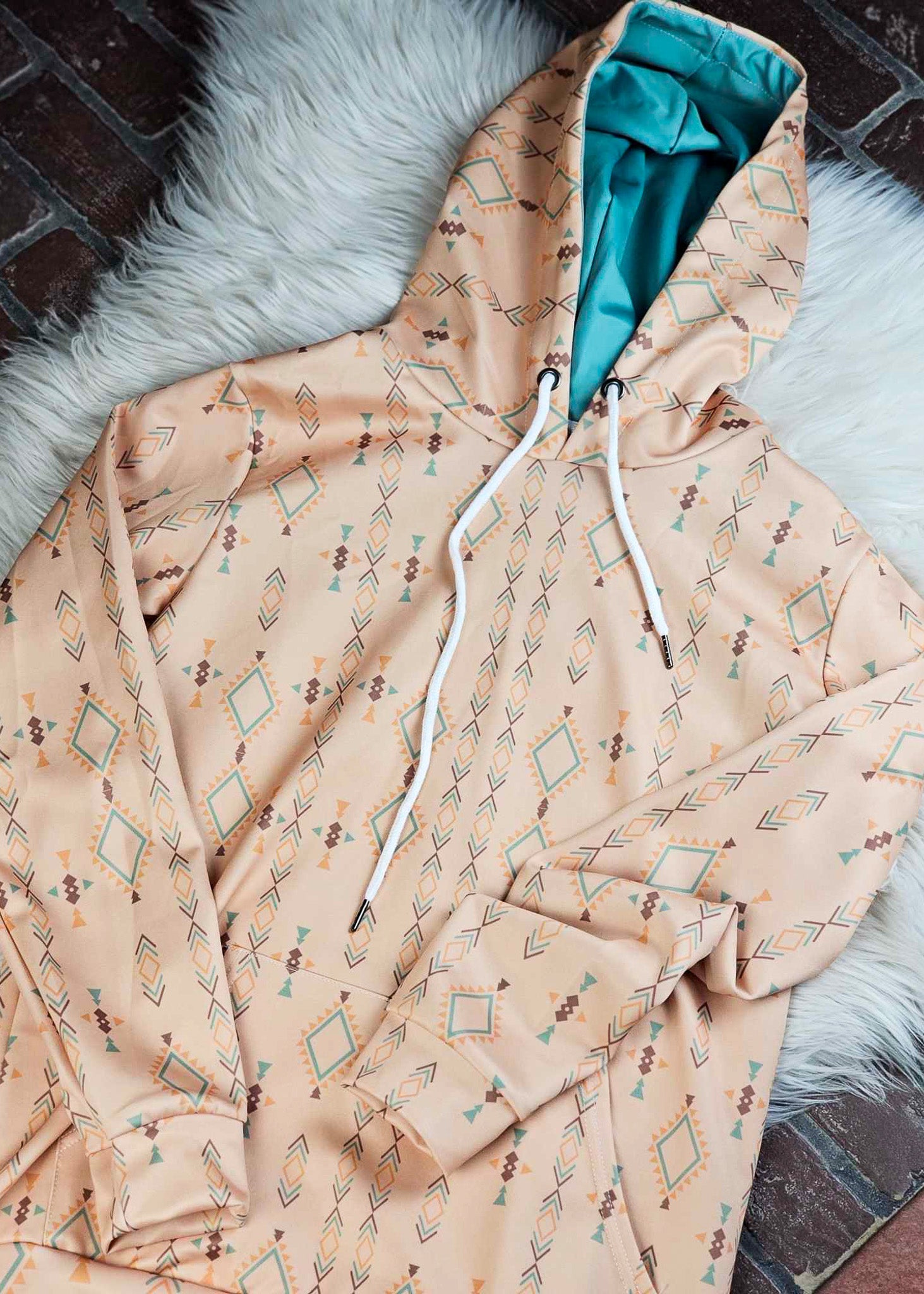 Tan & Turquoise Aztec Hoodie Women's Pullover Hoodie With Drawstring The Cinchy Cowgirl (YC)