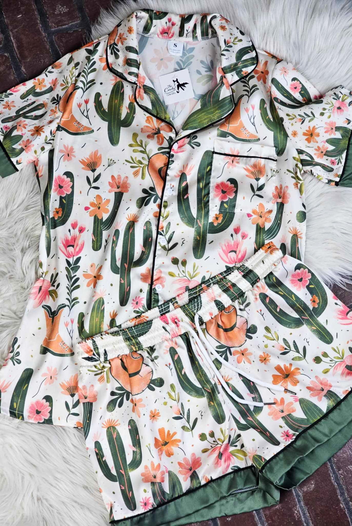 Green Cactus & Boots Silky Shorts Pajamas silky pajamas - shorts The Cinchy Cowgirl (YC)
