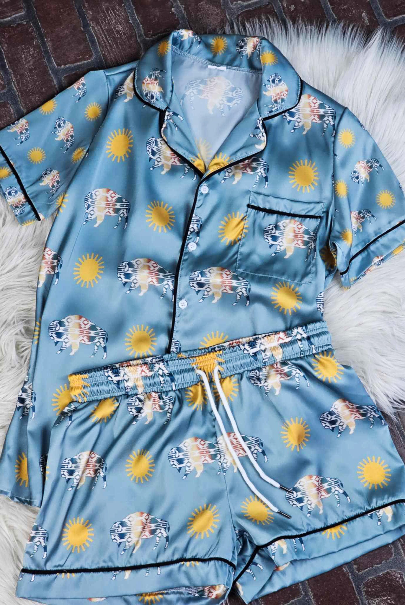 Teal Buffalo Silky Shorts Pajamas silky pajamas - shorts The Cinchy Cowgirl (YC)