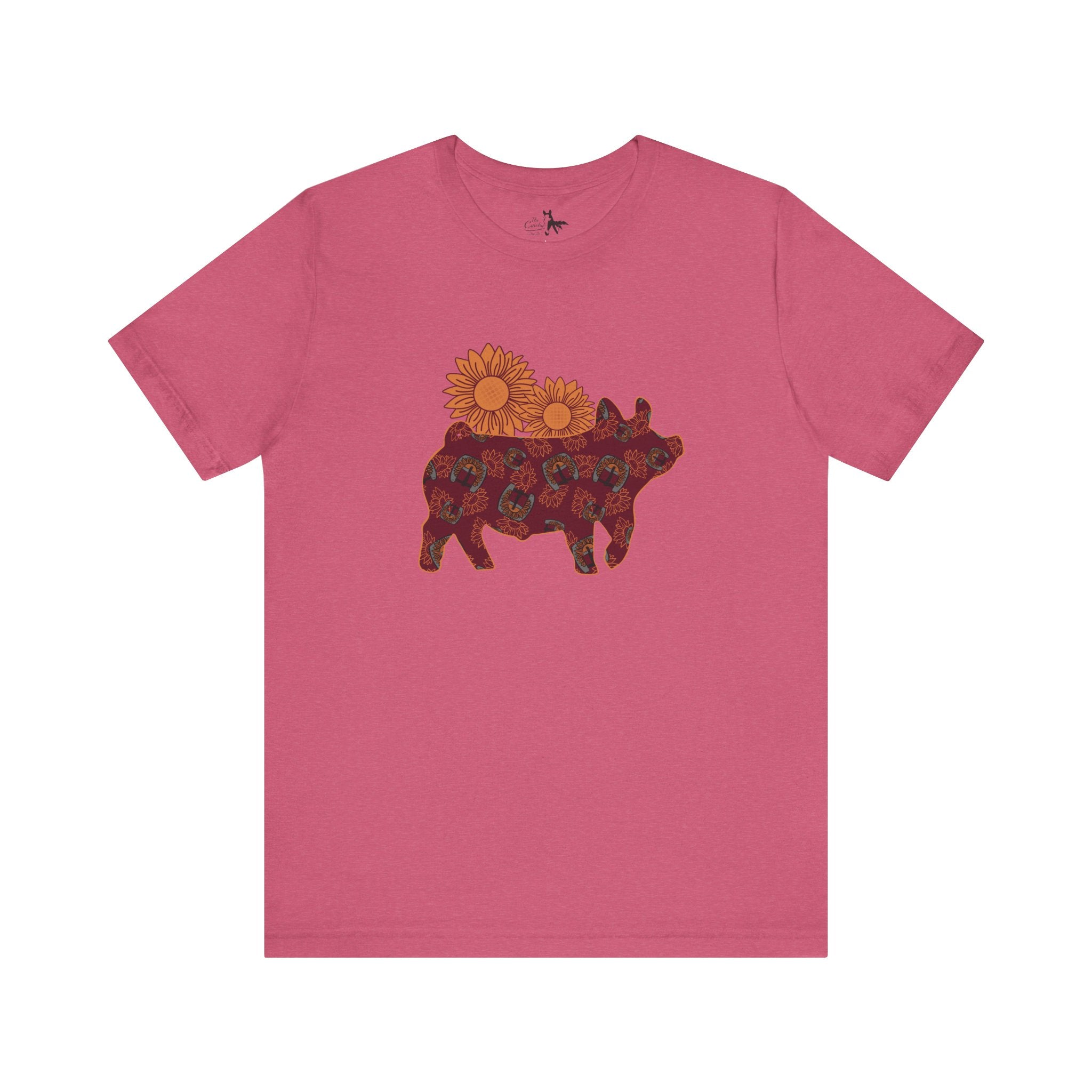 Burgundy Sunflower Show Pig Short Sleeve Graphic Tee T-Shirt Printify Heather Raspberry XS