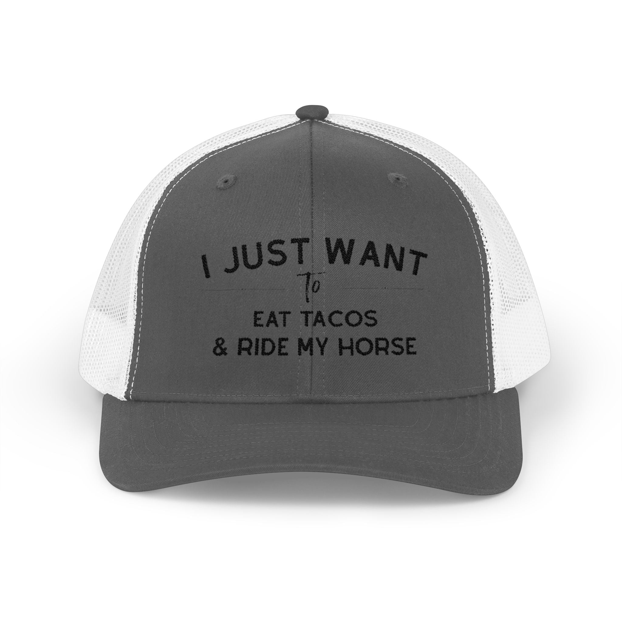 Embroidered I Just Want To Eat Tacos & Ride My Horse Trucker Hat Embroidered TCC Hat The Cinchy Cowgirl - Print Charcoal / White