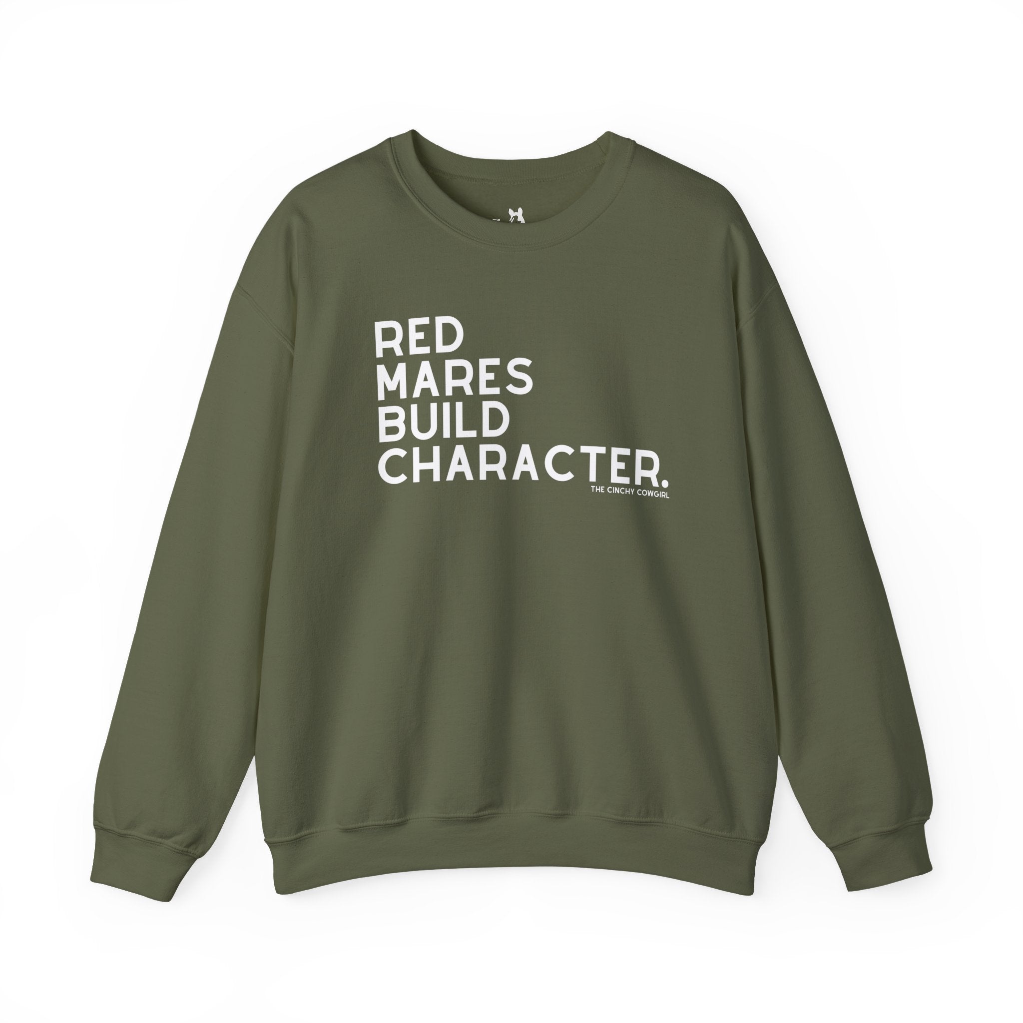 Red Mares Build Character Pullover Sweatshirt The Cinchy Cowgirl - Print S Military Green