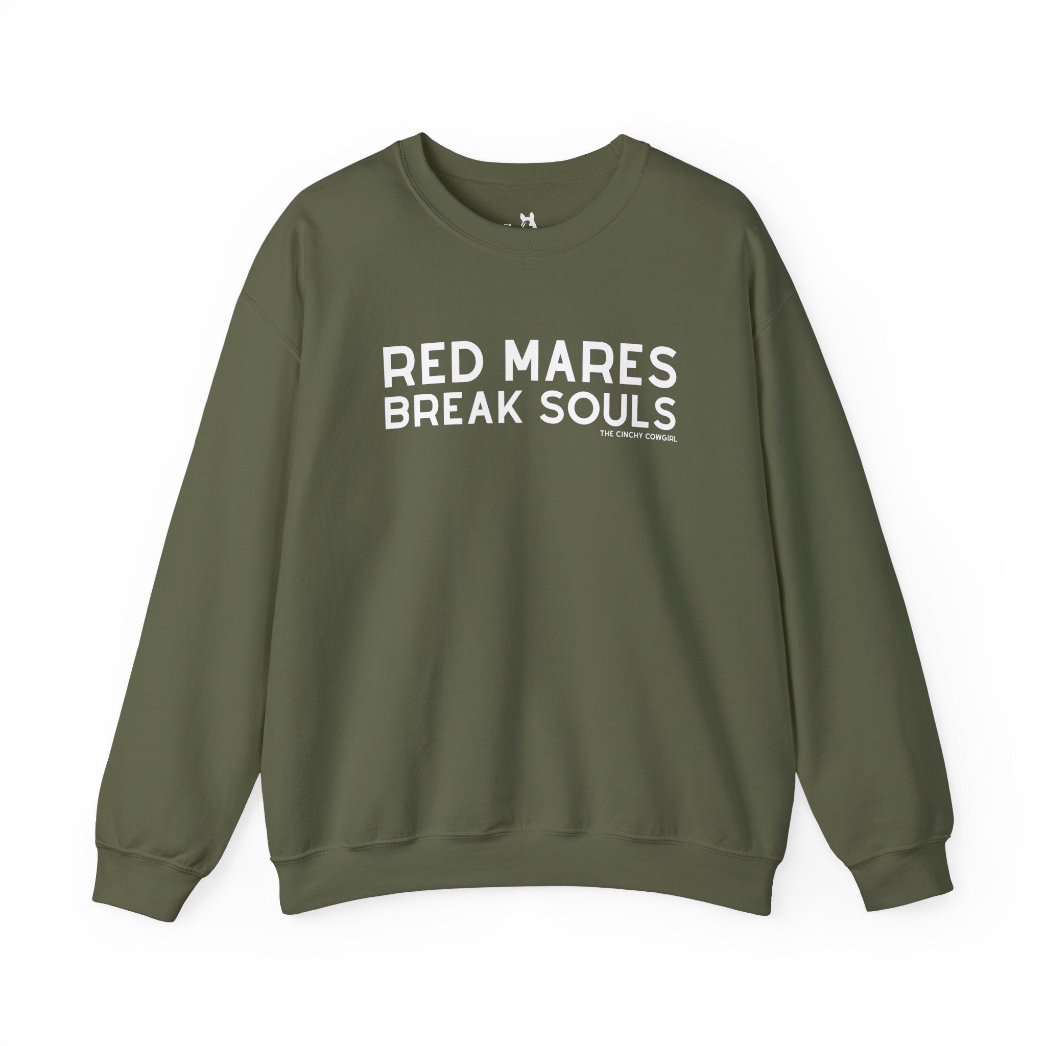 Red Mares Break Souls Pullover Sweatshirt The Cinchy Cowgirl - Print S Military Green