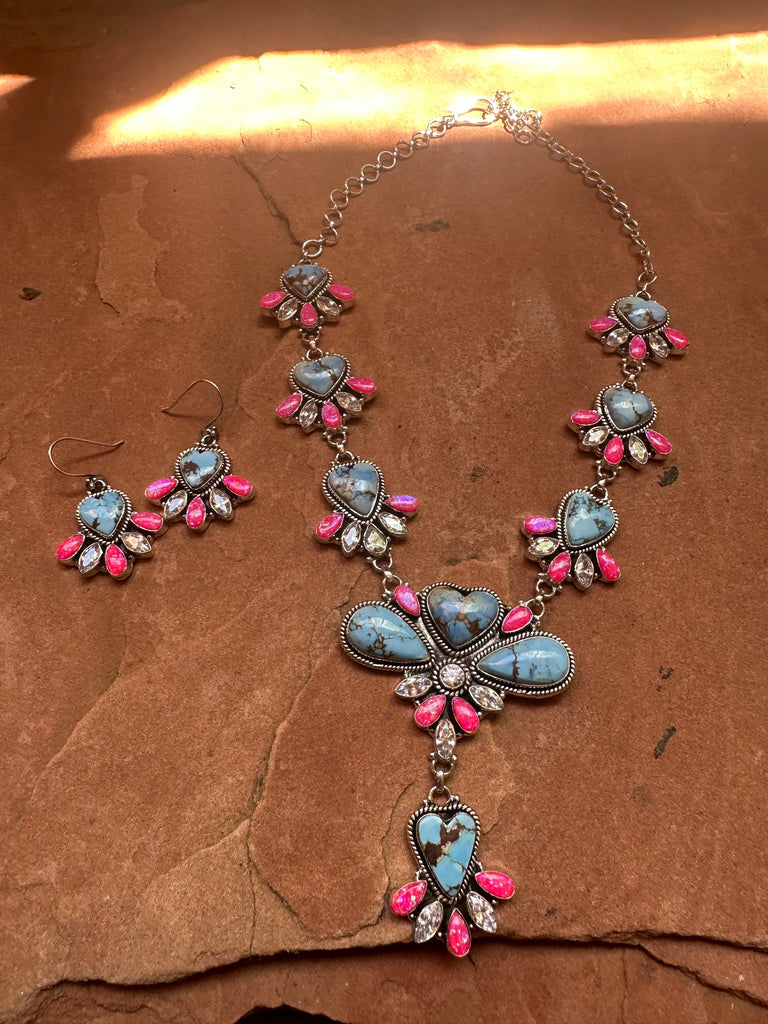 Handmade Sterling Silver, Hot Pink Fire Opal, CZ & Golden Hills Turquoise Set Necklace Signed Nizhoni NT jewelry Nizhoni Traders LLC   