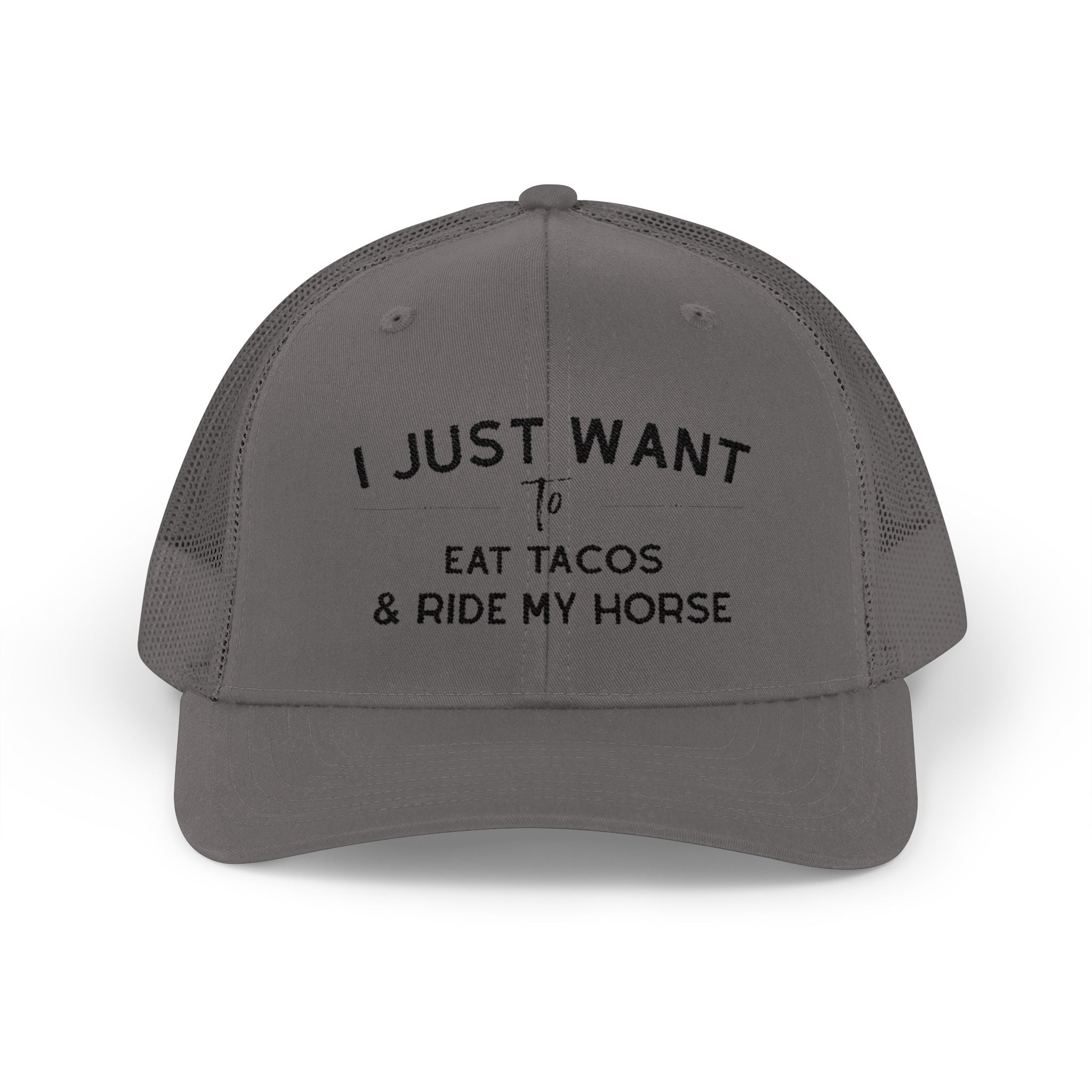 Embroidered I Just Want To Eat Tacos & Ride My Horse Trucker Hat Embroidered TCC Hat The Cinchy Cowgirl - Print Charcoal