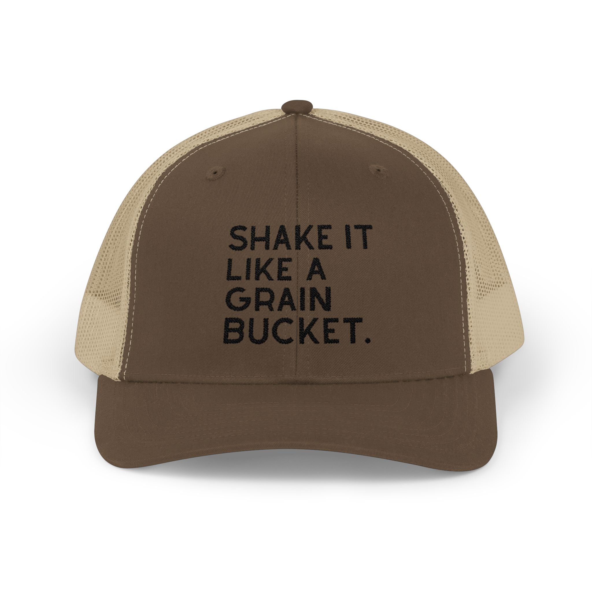 Embroidered Shake It Like A Grain Bucket Trucker Hat Embroidered TCC Hat The Cinchy Cowgirl - Print Brown / Khaki