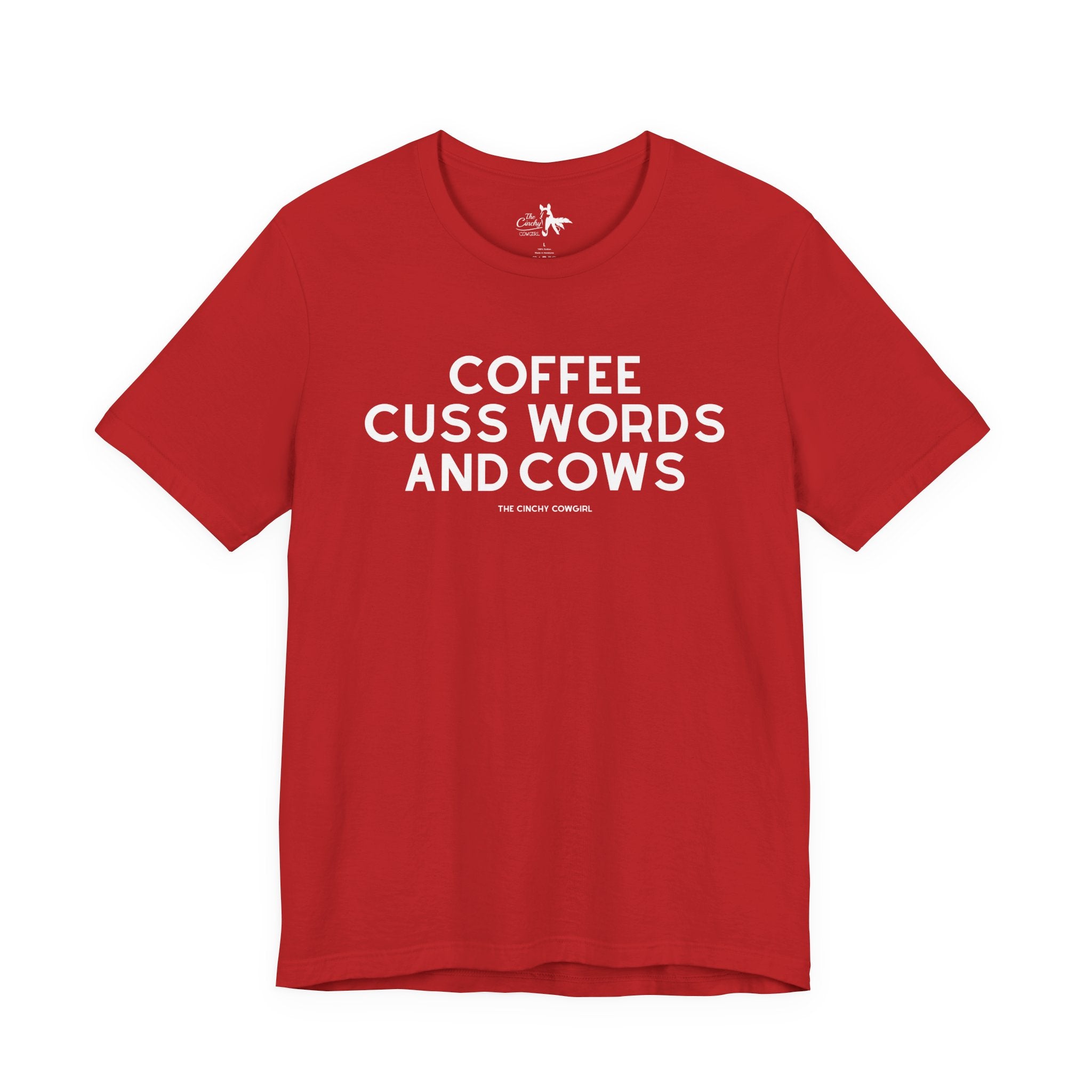 Coffee, Cuss Words And Cows Short Sleeve Tee T-Shirt The Cinchy Cowgirl - Print Red XS