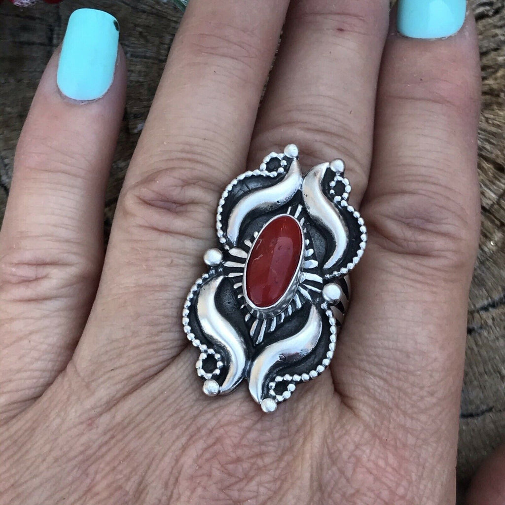 Southwestern Coral Fire Ring NT jewelry Nizhoni Traders LLC   