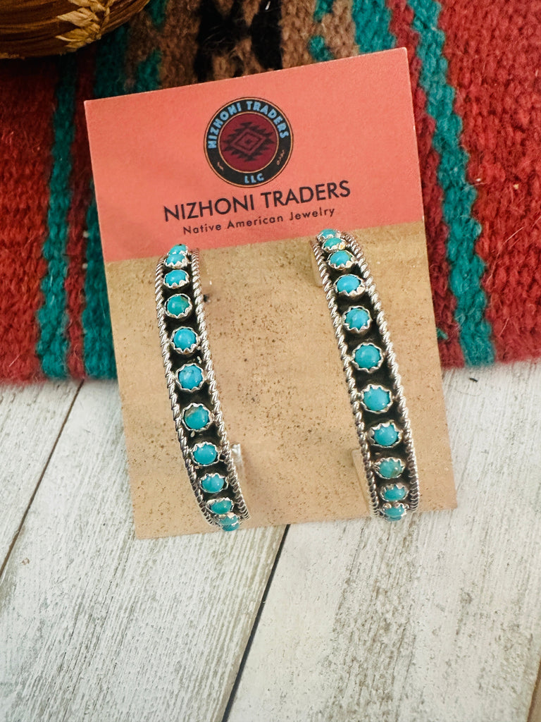 Zuni Sterling Silver & Turquoise Hoop Earrings NT jewelry Nizhoni Traders LLC   