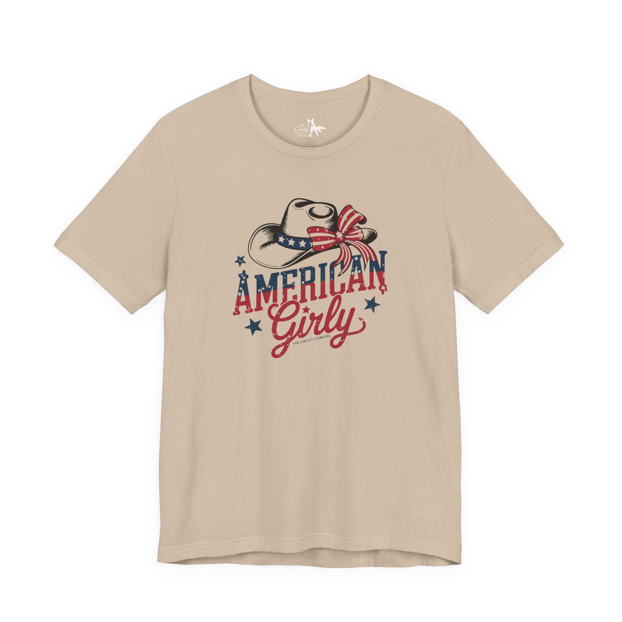 Patriotic American Girly Short Sleeve Tee Graphic Tee The Cinchy Cowgirl - Print Tan XS
